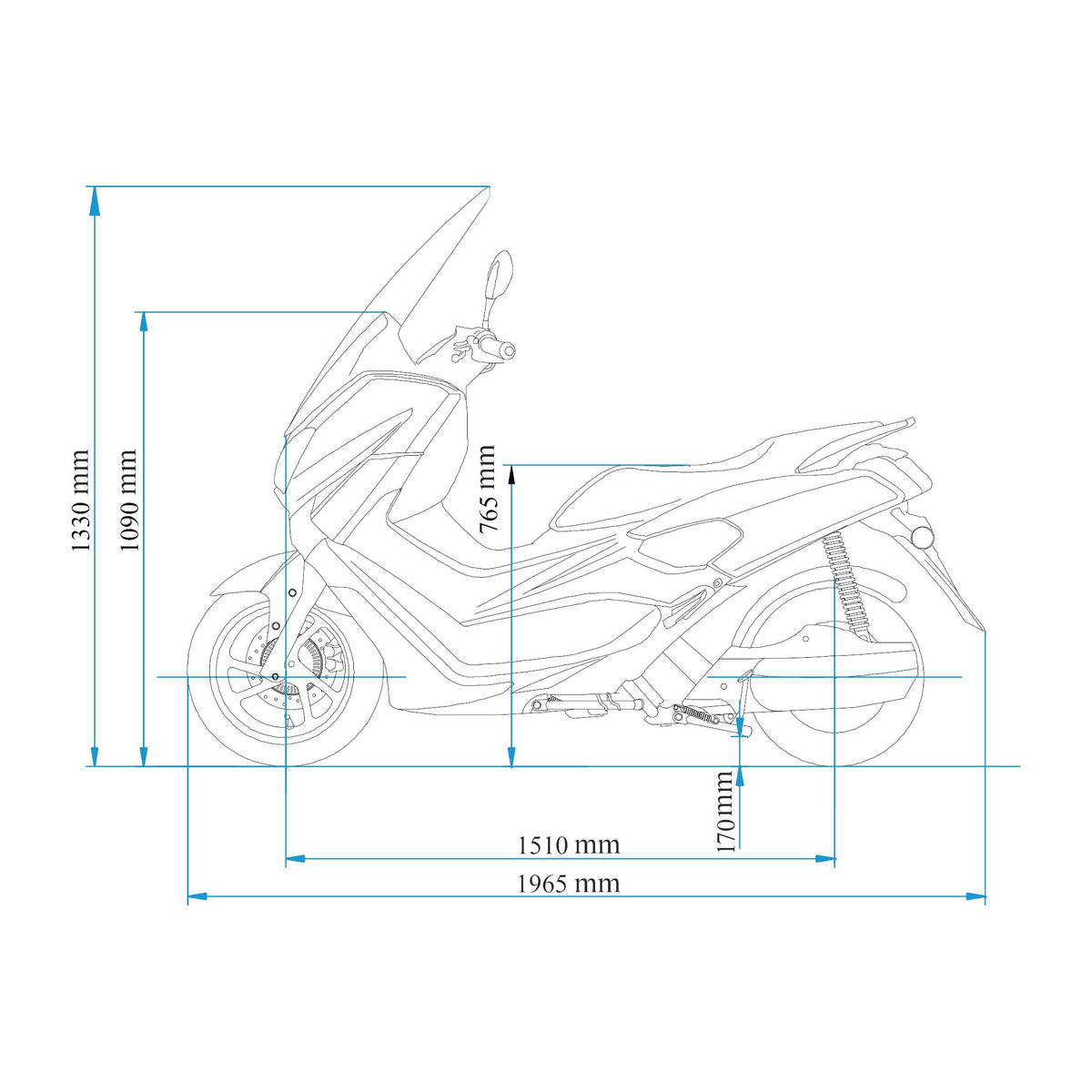 Strichzeichnung des Trinity Jupiter GT 300 Elektrorollers (Modell 2026) mit den Abmessungen: Höhe 1390 mm, Lenkerhöhe 765 mm, Sitzhöhe 770 mm, Radstand 1510 mm, Gesamtlänge 1965 mm. Idealer E-Roller für bis zu 125 km/h und 280 km Reichweite.