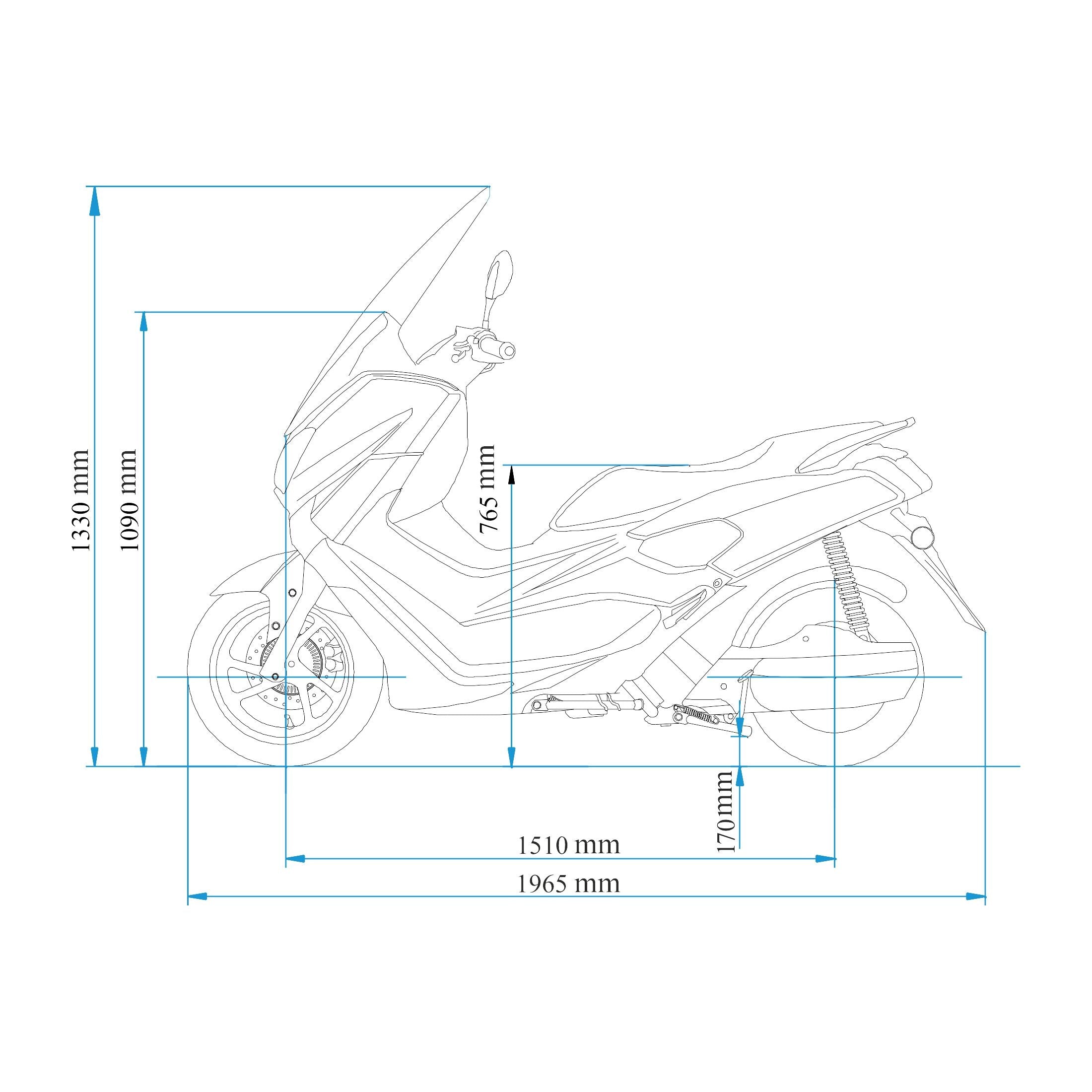 Strichzeichnung des Trinity Jupiter GT 300 Elektrorollers (Modell 2026) mit den Abmessungen: Höhe 1390 mm, Lenkerhöhe 765 mm, Sitzhöhe 770 mm, Radstand 1510 mm, Gesamtlänge 1965 mm. Idealer E-Roller für bis zu 125 km/h und 280 km Reichweite.