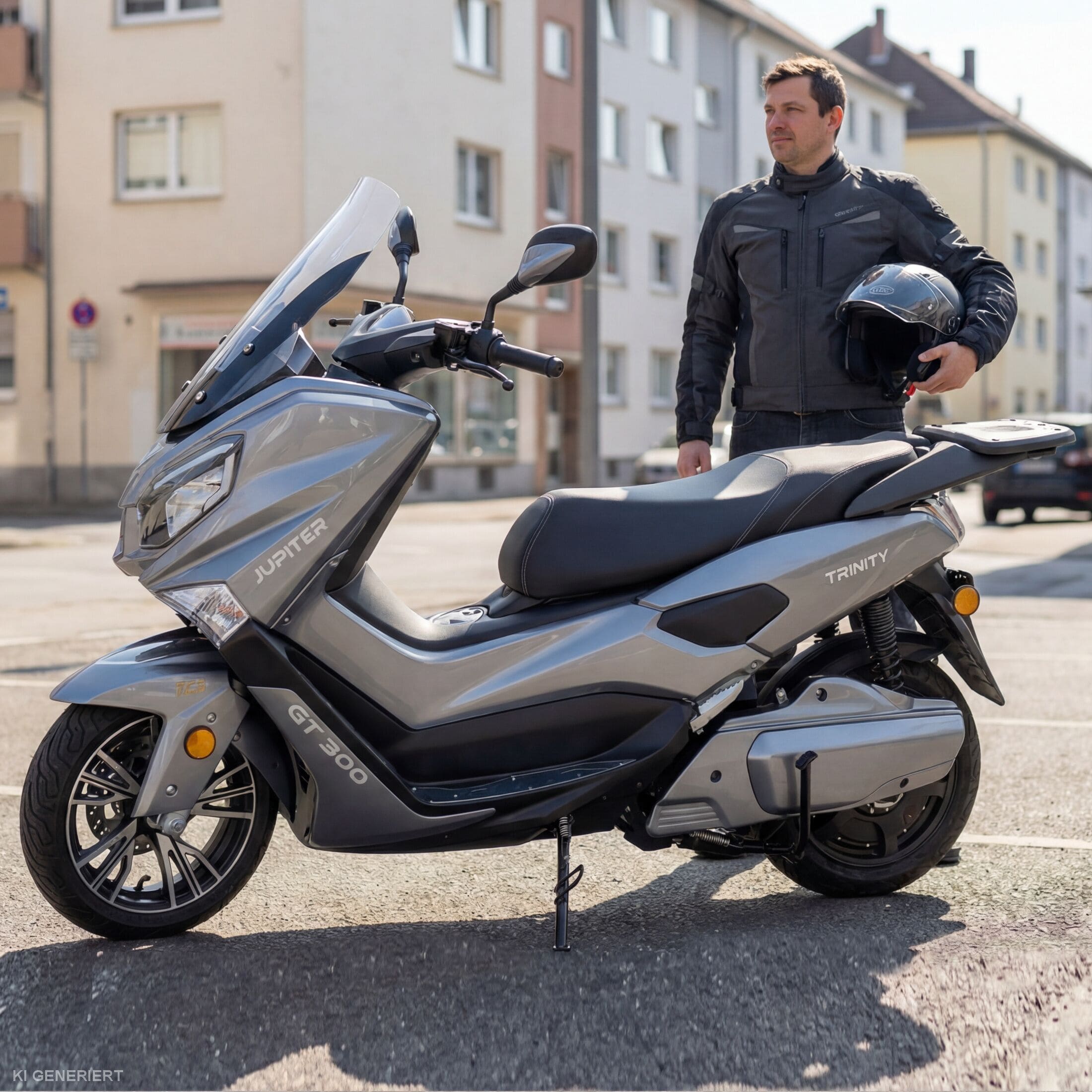 Eine Person in einer schwarzen Jacke steht mit einem schwarzen Helm in der Hand auf einer Stadtstraße neben einem geparkten silbernen Trinity Jupiter GT 300 Elektroroller (125 km/h, 280 km, Modell 2026); im Hintergrund sind Wohnhäuser zu sehen.