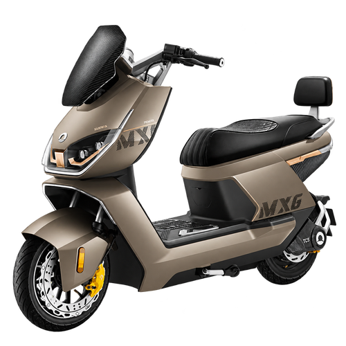 Elektroroller SUNRA Dream 6 NeonRider in Taupe mit schwarzem Windschutz, schwarzem Sitz und gelben Bremssätteln.