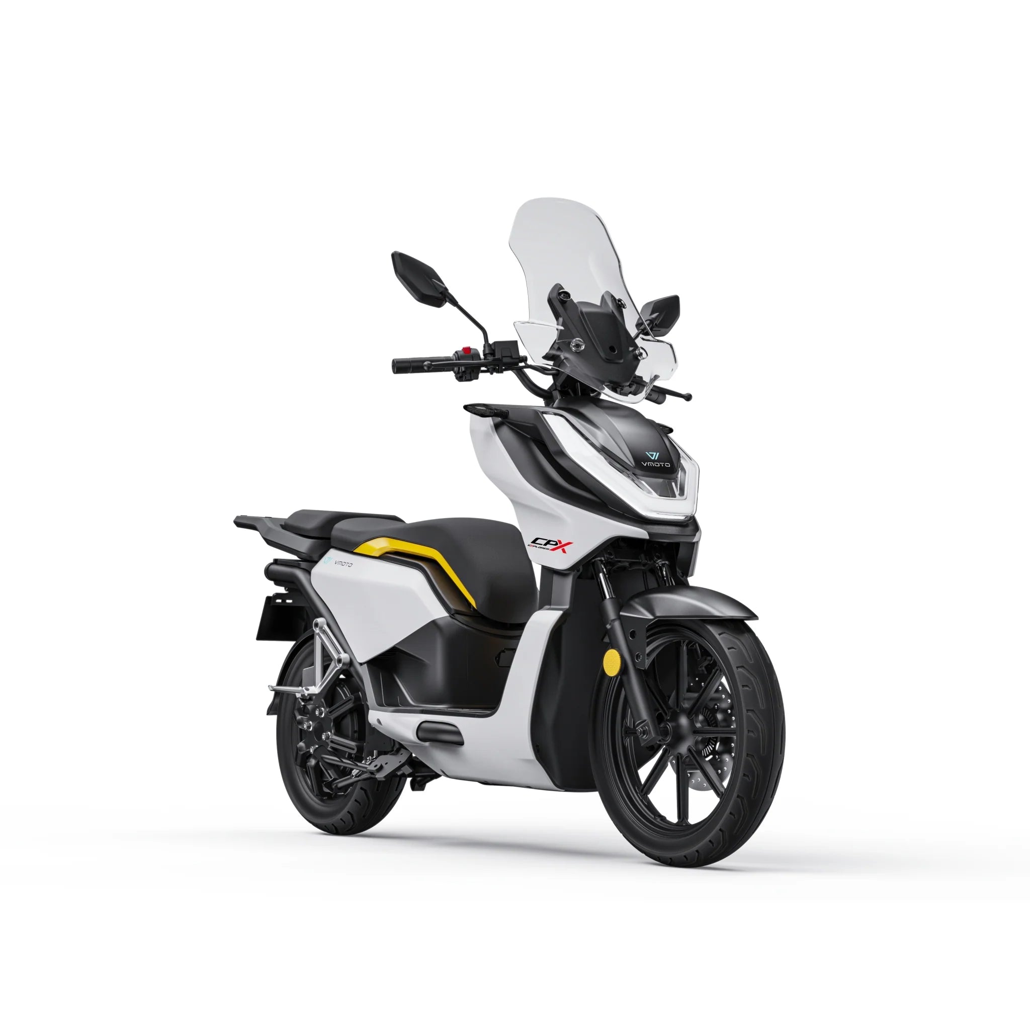 Der VMOTO Elektroroller CPX Explorer ABS (105 km/h, 74V, 2x45Ah) besticht durch sein modernes weiß-schwarzes Design mit gelben Akzenten und Frontscheibe - perfekt für Elektro Roller Dortmund-Fans, die Innovation und Stil suchen.
