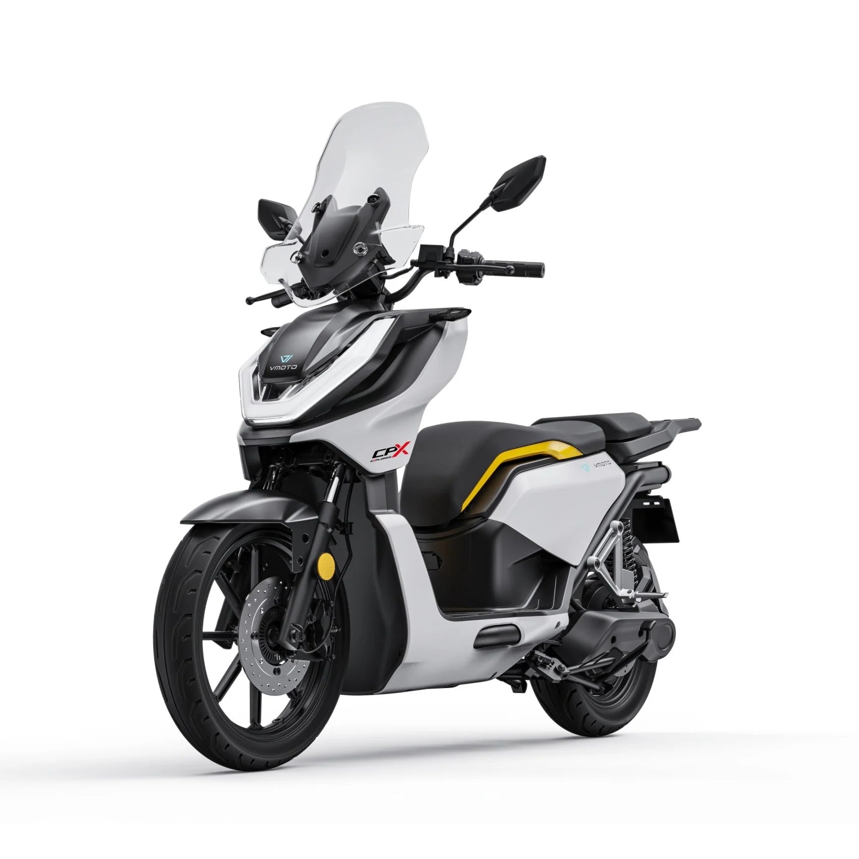 Der VMOTO CPX Explorer ABS Elektroroller in Weiß und Schwarz mit gelben Akzenten verfügt über eine hohe Windschutzscheibe, sportliches Design und ein 74Volt 2x45Ah System für dynamische Fahrten in der Stadt. Höchstgeschwindigkeit: 105 km/h. Abgebildet auf weißem Hintergrund.