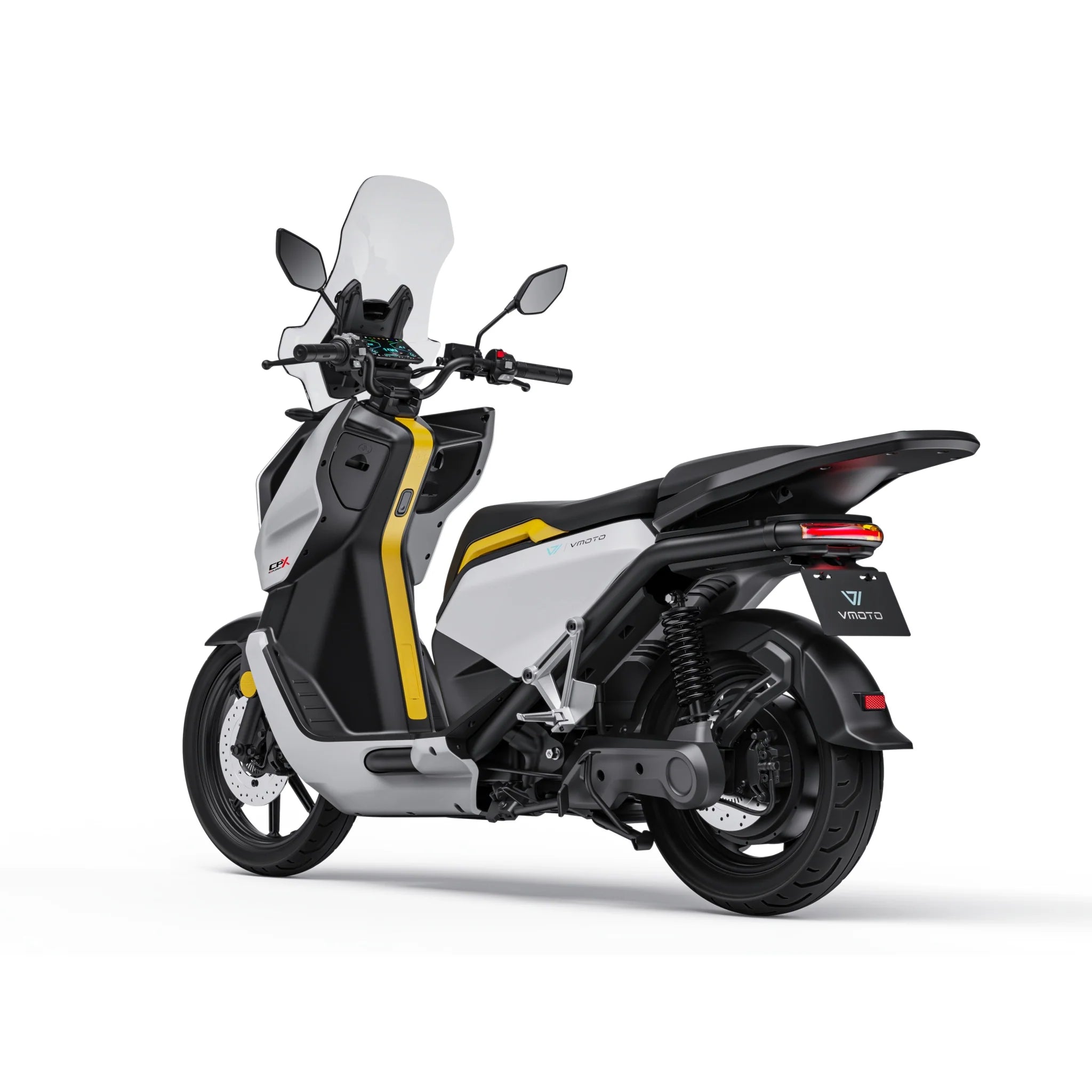 Der VMOTO CPX Explorer ABS 74 Volt Elektroroller in den Farben Weiß und Schwarz mit gelben Akzenten und einer transparenten Windschutzscheibe besticht durch sein digitales Armaturenbrett und sein schlankes Design.