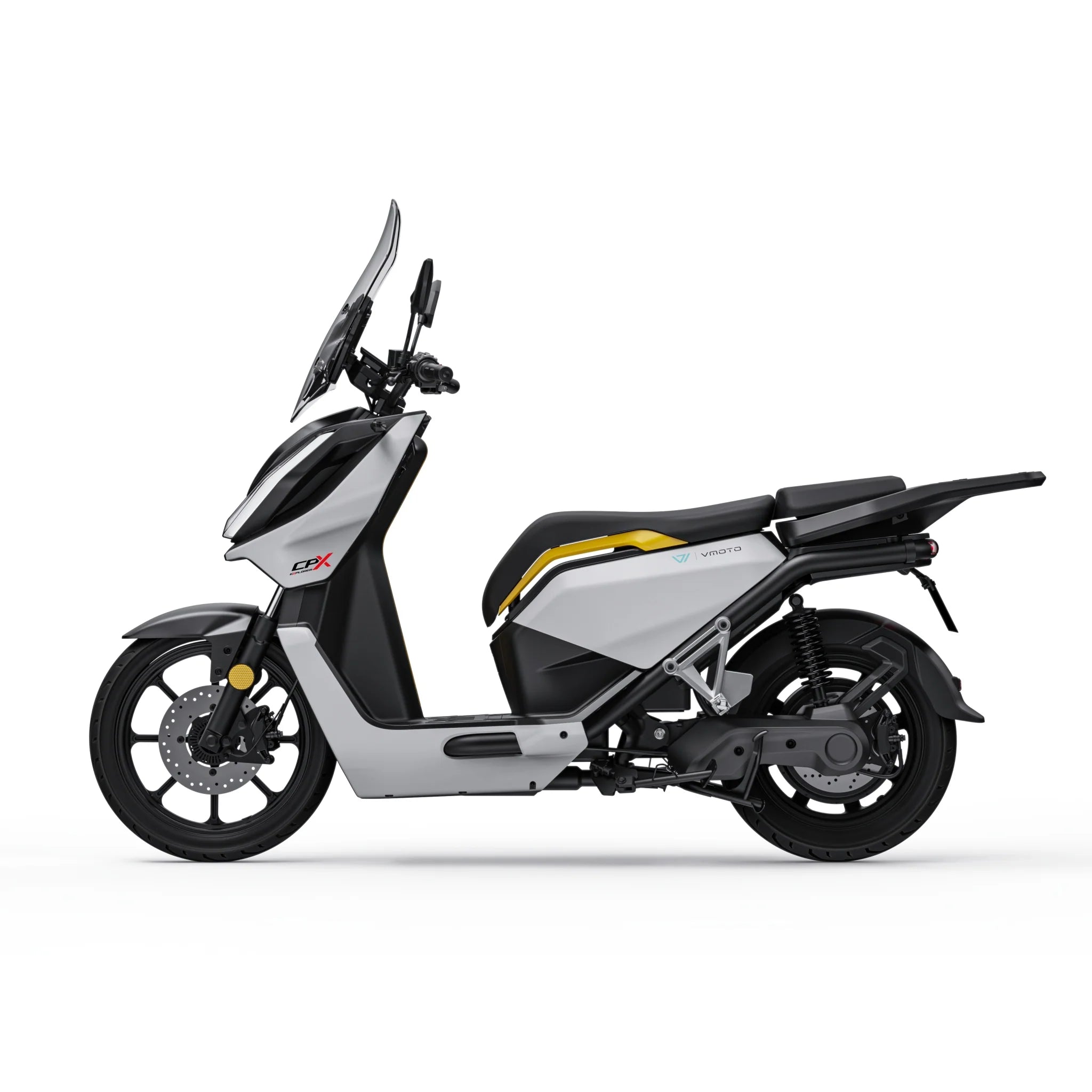Der VMOTO CPX Explorer ABS Elektroroller (105 km/h, 74V, 2x45Ah) in schlichtem Weiß/Schwarz mit gelben Akzenten verfügt über eine hohe Windschutzscheibe und schwarze Räder. Abgebildet im Seitenprofil auf Weiß; perfekt für Elektro Roller Dortmund Fans.