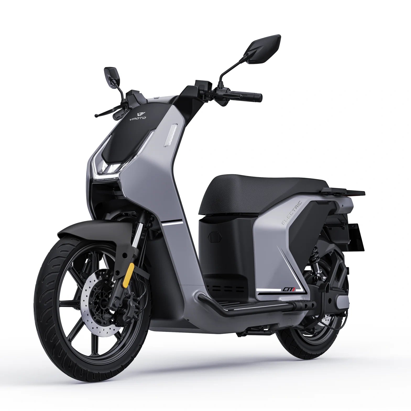 Grauer VMoto CITI Elektroroller, Dreiviertelansicht von vorne – 74V/2×30Ah, 45 km/h (L1e). Bei SONS OF ELECTRICITY in Dortmund, Deutschland.
