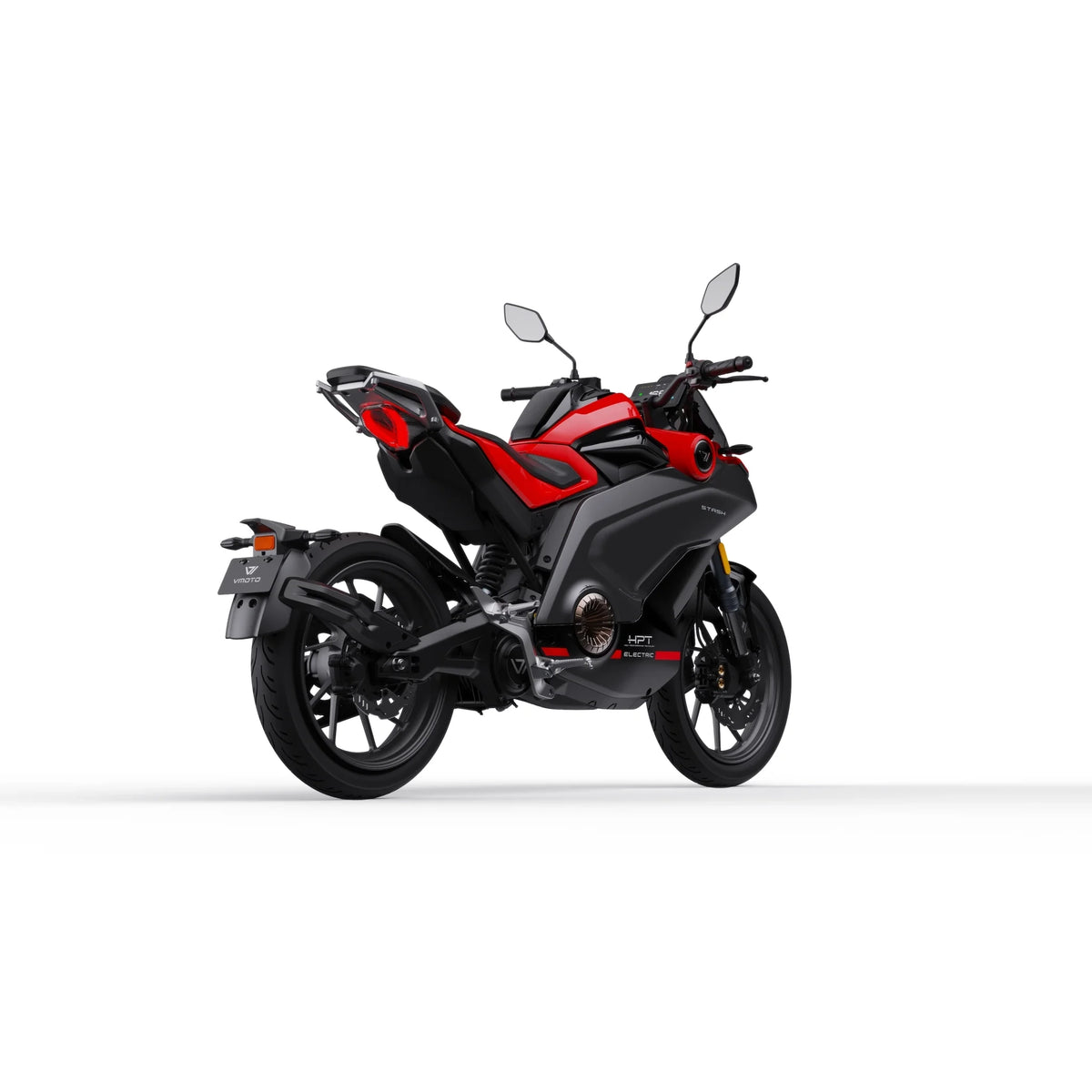 Das elegante, schwarz-rote VMOTO Stash Elektro-Motorrad (120 km/h | ABS) ist von links hinten vor weißem Hintergrund abgebildet, wobei sein sportliches Design, die Rückleuchten und die Doppelspiegel besonders gut zur Geltung kommen – perfekt für moderne E-Mobilität.