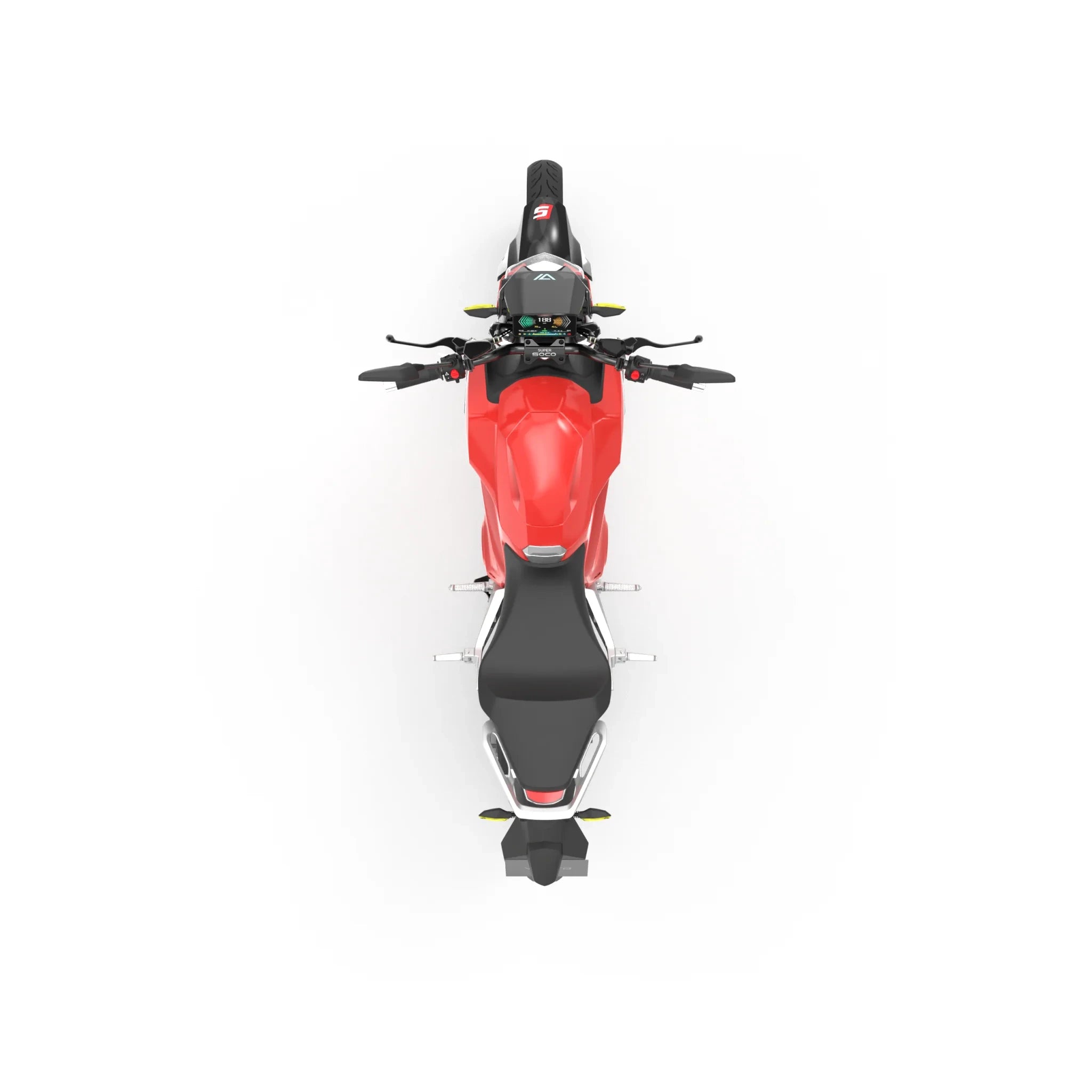 Draufsicht auf das VMOTO E-Motorrad TS Street Hunter S 105 km/h von VMOTO auf einem weißen Hintergrund. Das rot-schwarze E-Motorrad ist zentriert und zeigt mit Lenker, Sitz, Tank und Hinterrad nach oben.
