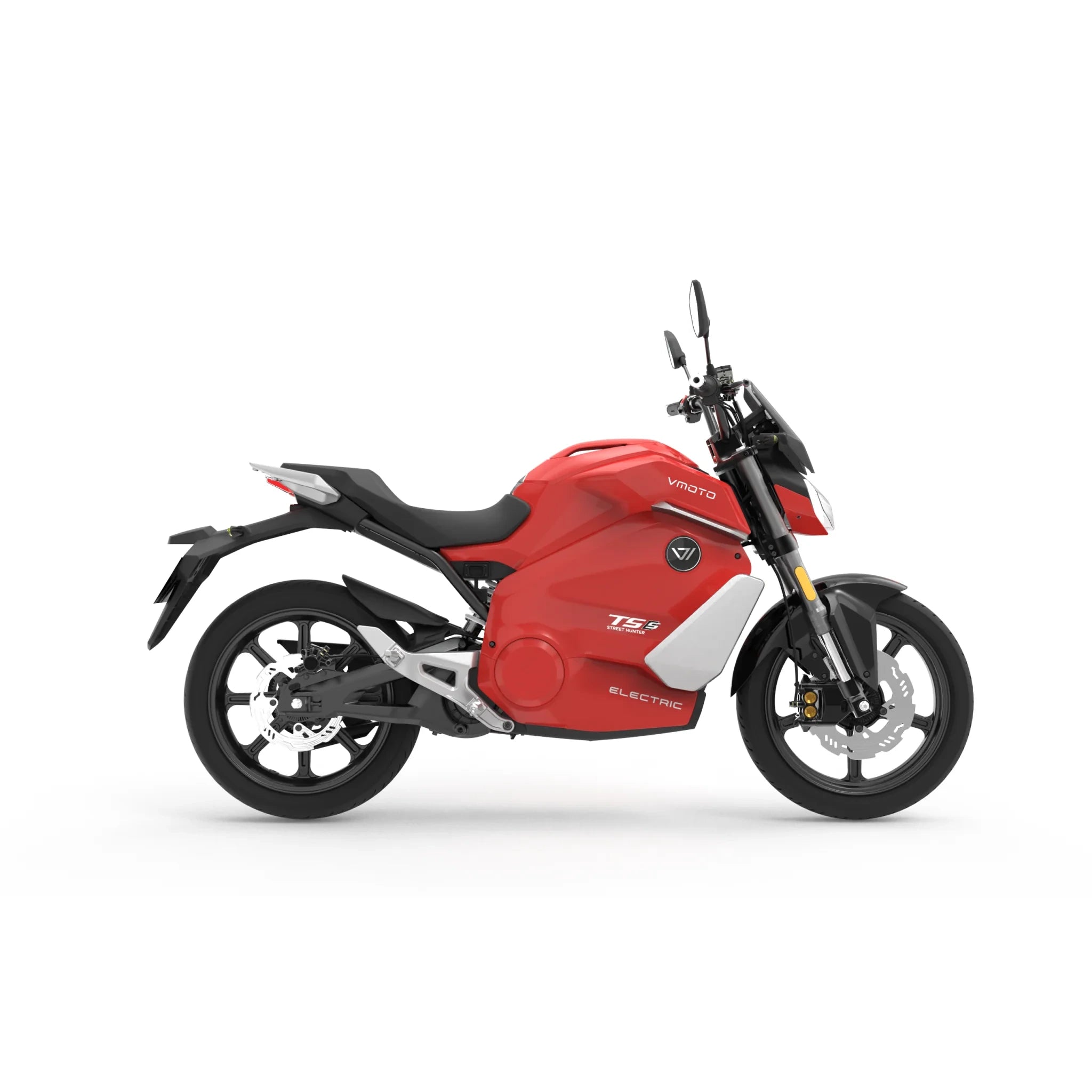 Ein VMOTO E-Motorrad TS Street Hunter S (105 km/h) in rot, mit sportlichem Design, schwarzen Rädern und Seitenständer. "TS4" und "ELECTRIC" sind auf der Seite zu lesen. Abgebildet in der Profilansicht vor weißem Hintergrund.