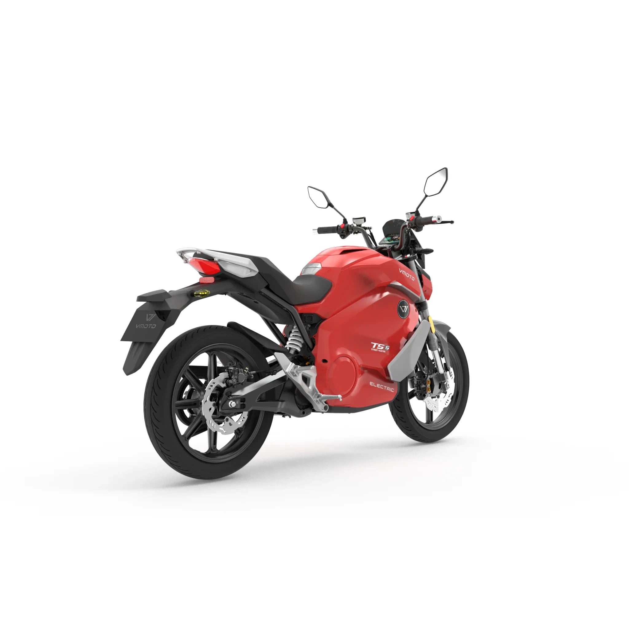 Ein rotes VMOTO E-Motorrad TS Street Hunter S 105 km/h, abgebildet von hinten links, mit schwarzen Rädern, Seitenspiegeln und sportlichem Styling auf weißem Hintergrund.