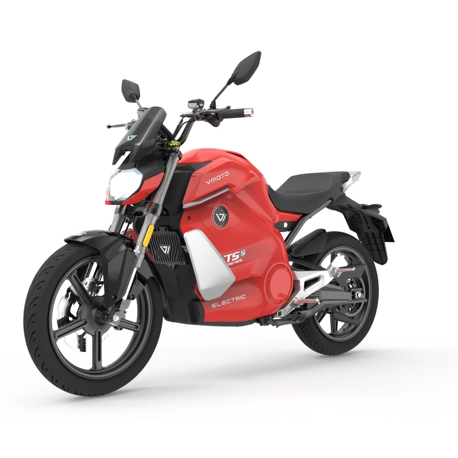Ein VMOTO E-Motorrad TS Street Hunter S 105 km/h in Rot, mit moderner kantiger Karosserie, schwarzen Reifen und silbernen Akzenten ist schräg auf weißem Grund abgebildet; "TS Street Hunter S" und "ELECTRIC" sind an der Seite beschriftet.