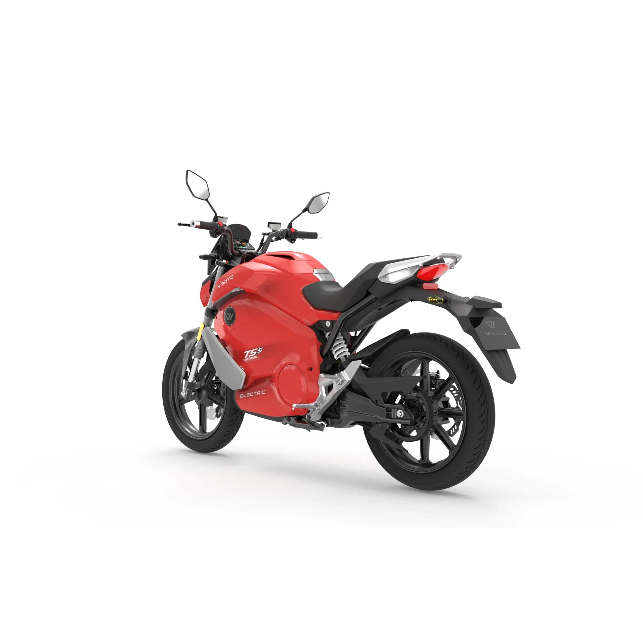 Das VMOTO E-Motorrad TS Street Hunter S 105 km/h ist von hinten links abgebildet, wobei die schwarze Sitzbank, die Reifen, der Lenker, das moderne Design mit dem markanten Rücklicht und die Spiegel auf weißem Grund hervorgehoben werden.