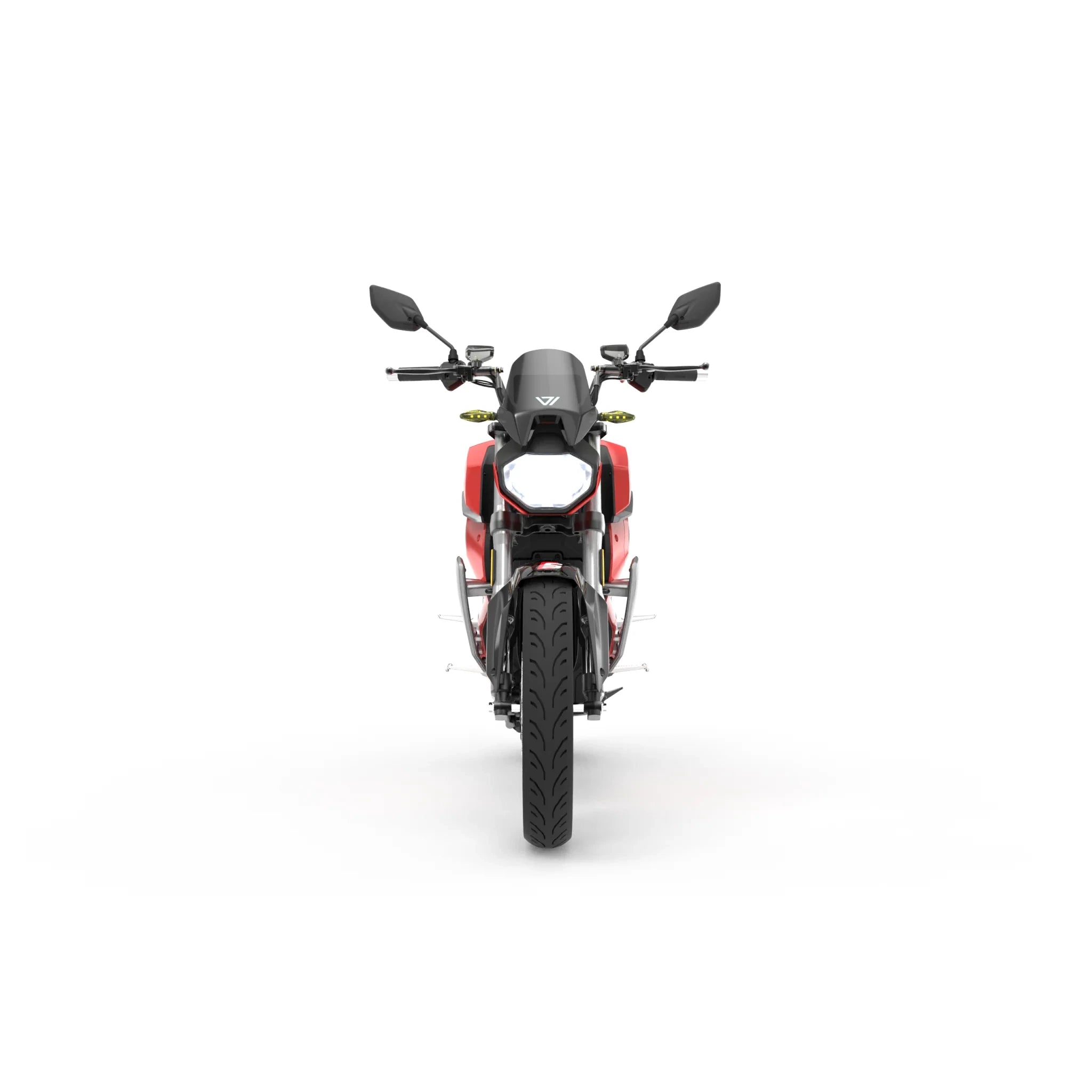 Frontansicht des VMOTO E-Motorrad TS Street Hunter S 105 km/h von VMOTO auf weißem Hintergrund - mit breiten Reifen, verspiegeltem Lenker und Scheinwerfer.
