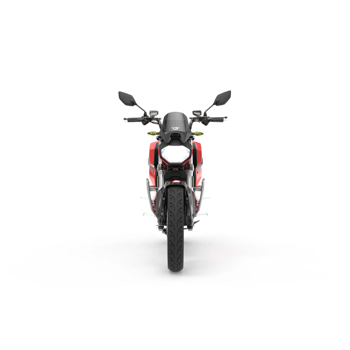 Frontansicht des VMOTO E-Motorrad TS Street Hunter S 105 km/h von VMOTO auf weißem Hintergrund - mit breiten Reifen, verspiegeltem Lenker und Scheinwerfer.