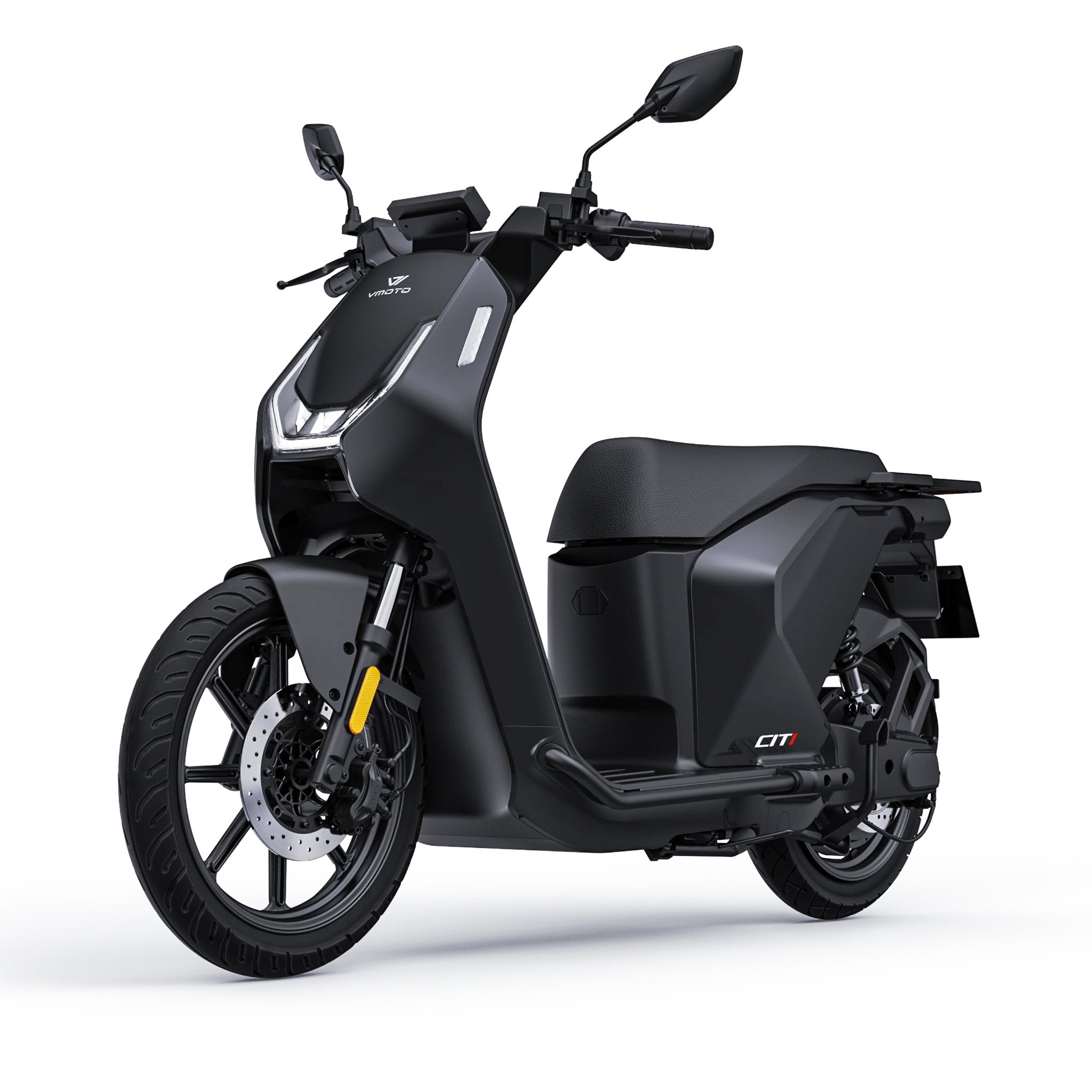Schwarzer Vmoto Citi Elektroroller in der vorderen Dreiviertelansicht