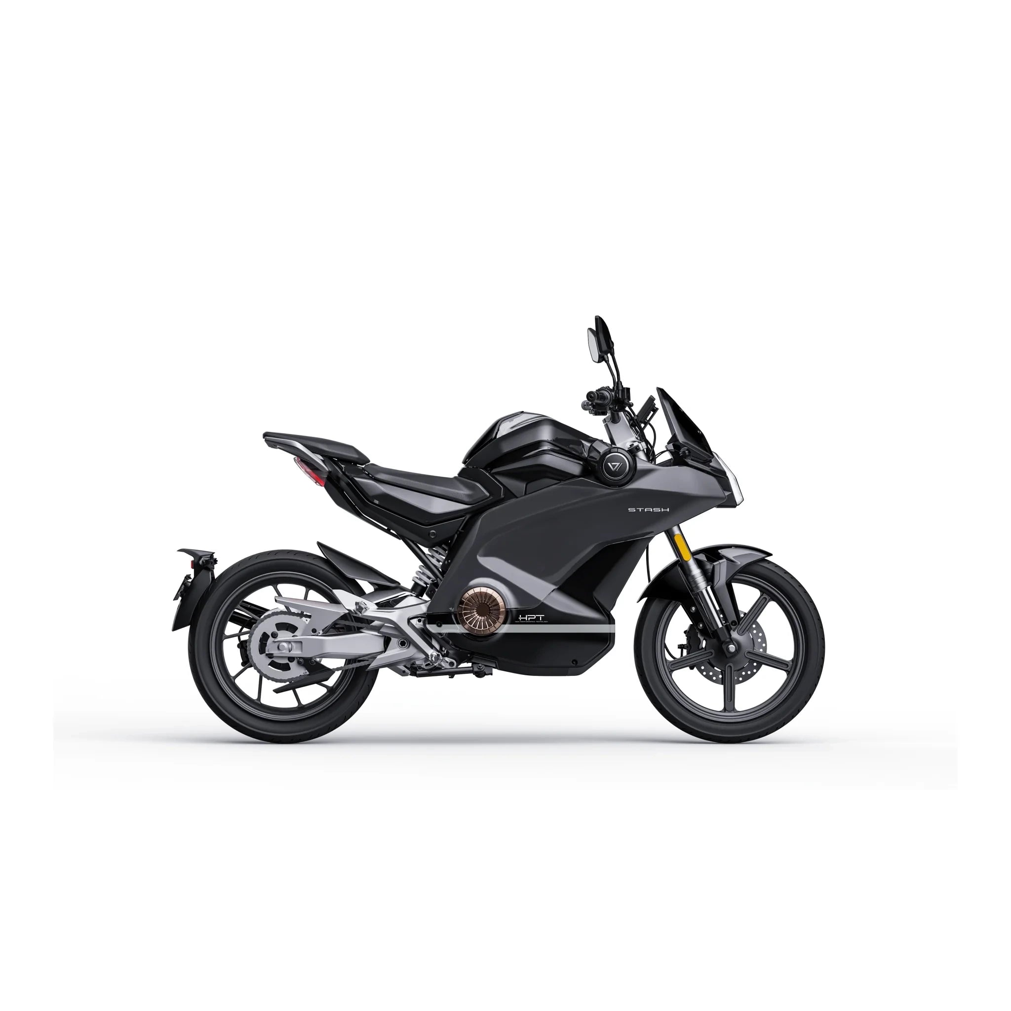 VMOTO Stash Elektroroller in Schwarz, Seitenansicht – sportlicher E-Roller mit 120 km/h und ABS, erhältlich bei SONS OF ELECTRICITY, Dortmund, Deutschland