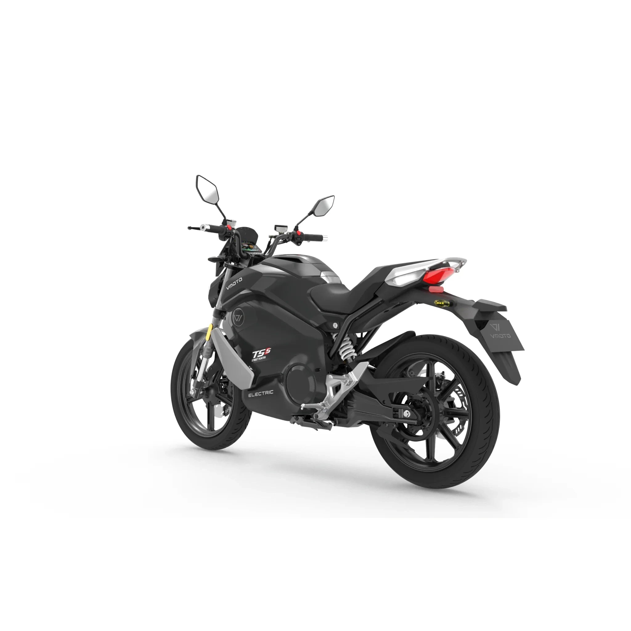 Von hinten links ist ein schwarzes VMOTO E-Motorrad TS Street Hunter S 105 km/h zu sehen, das sich durch sein schlankes Design und seinen sportlichen Rahmen von einem schlichten weißen Hintergrund abhebt.