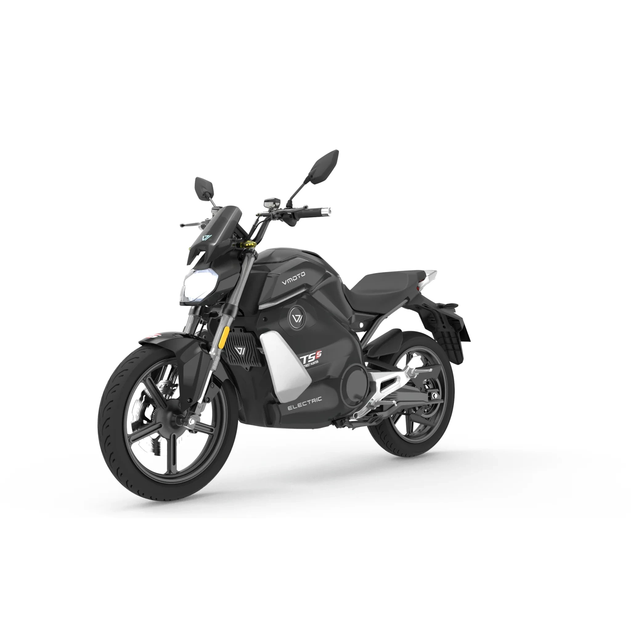 Ein schwarz-silbernes VMOTO E-Motorrad TS Street Hunter S 105 km/h mit modernem Design, aufrechtem Lenker und zwei Seitenspiegeln ist auf weißem Hintergrund in einer Dreiviertelansicht zu sehen.