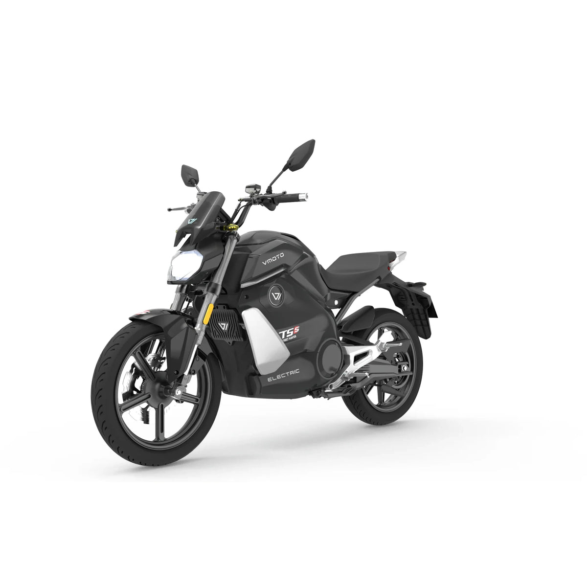 Ein schwarz-silbernes VMOTO E-Motorrad TS Street Hunter S 105 km/h mit modernem Design, aufrechtem Lenker und zwei Seitenspiegeln ist auf weißem Hintergrund in einer Dreiviertelansicht zu sehen.