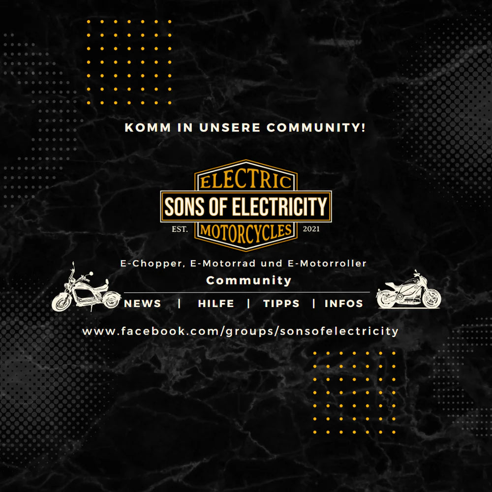 Banner Komm in unsere Community, Sons of Electricity, E-Chopper, E-Motorrad und E-Motorroller, www.facebook.com/groups/sonsofelectricity