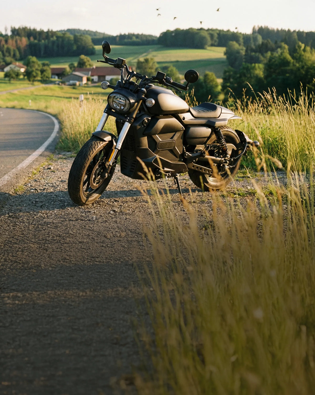 Schwarzes Elektro-Naked-Bike an einer Landstraße vor hügeliger Wiesenlandschaft