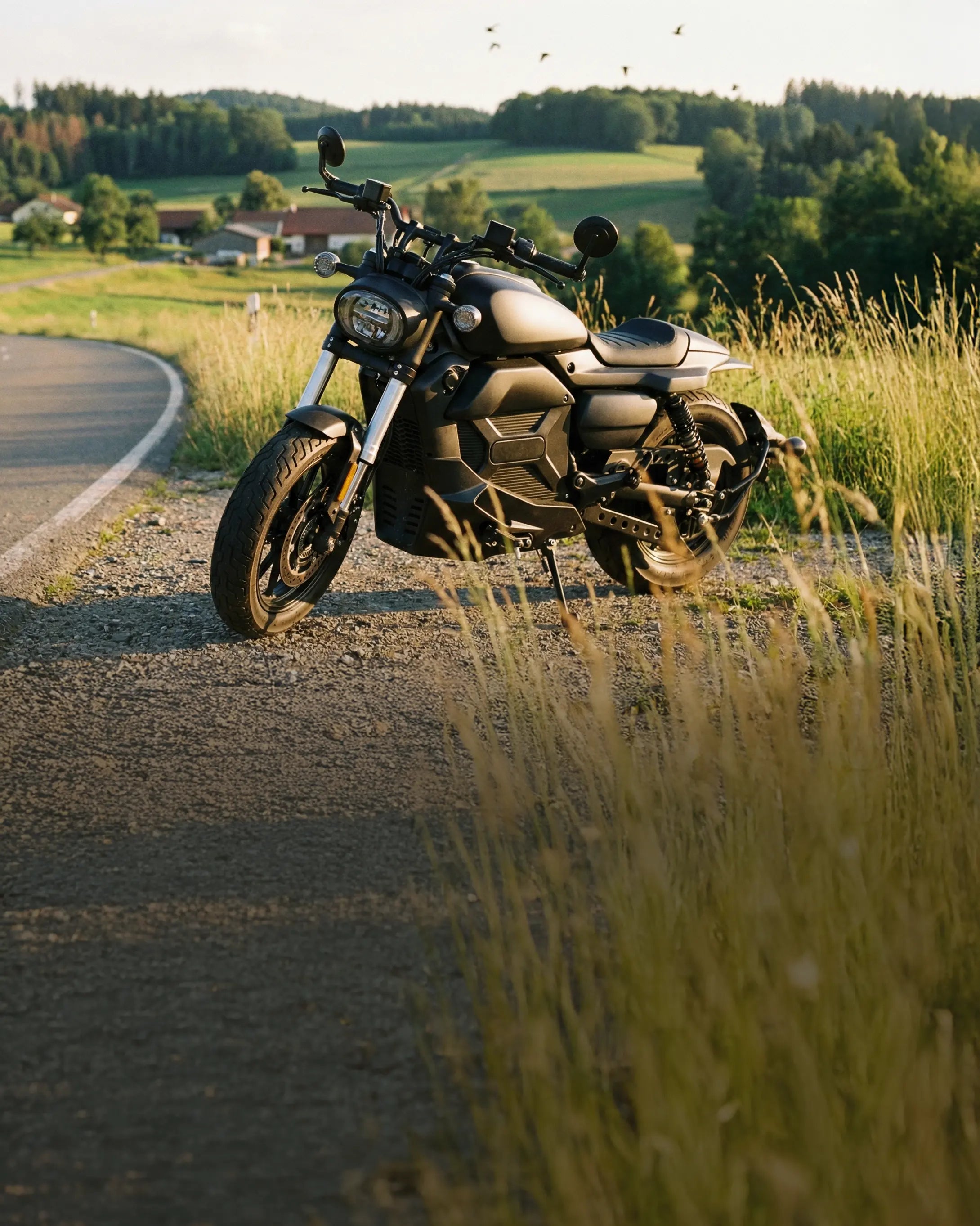 Schwarzes Elektro-Naked-Bike an einer Landstraße vor hügeliger Wiesenlandschaft