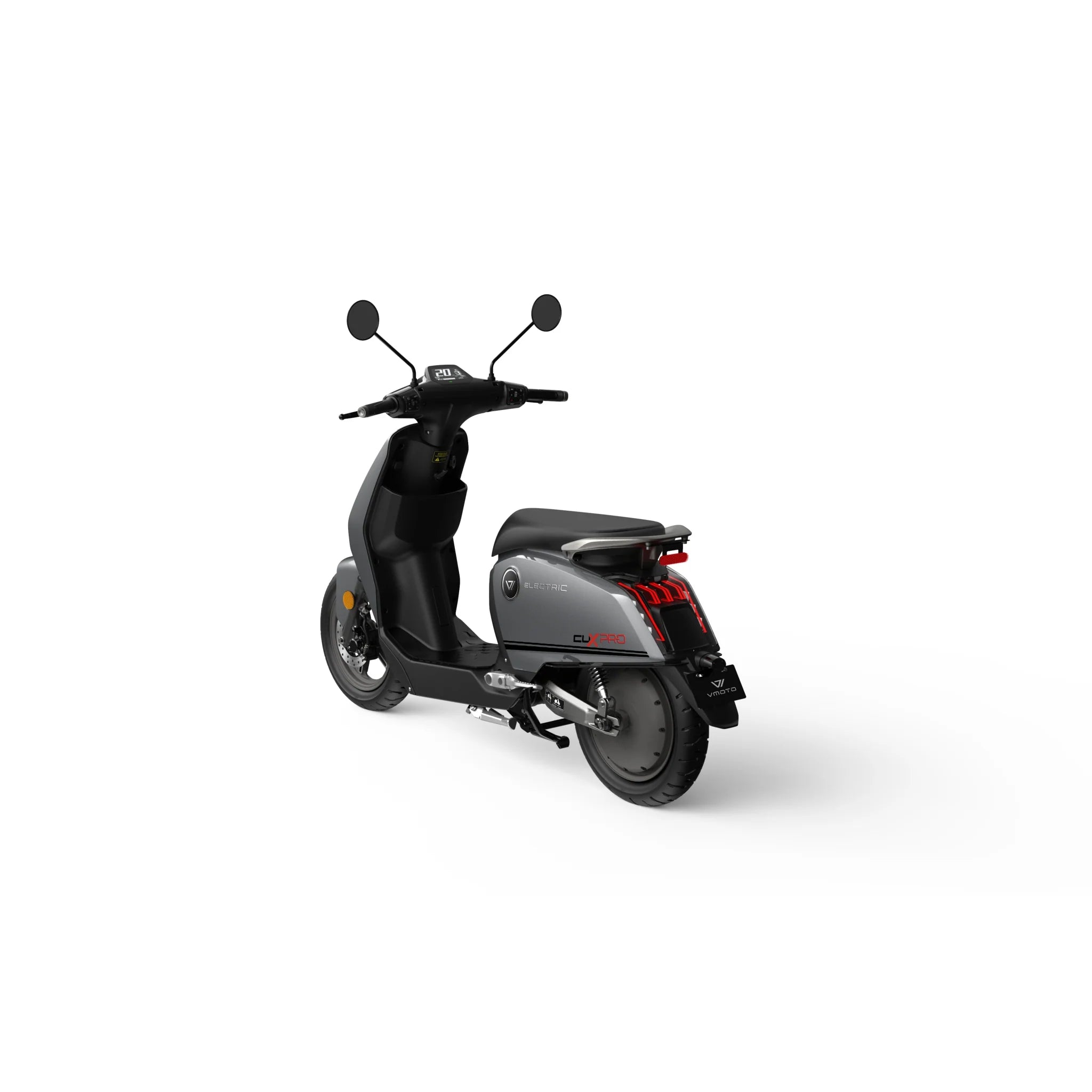 Der Super Soco Elektroroller, E-Roller CUX Pro (45 km/h, Bosch-Power) wird von hinten vor einem weißen Hintergrund gezeigt, der seine Rückleuchten, Spiegel und sein minimalistisches Design hervorhebt.