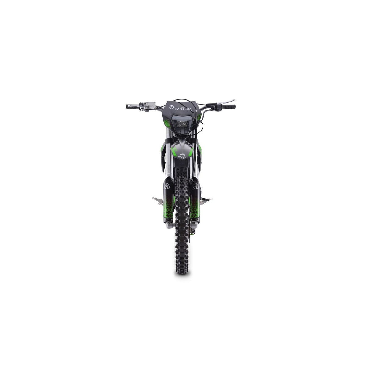 Vorderansicht eines TRINITY Panthera II: E-Enduro 125 km/h mit 4-Gang-Getriebe und einem schwarz-grün gemusterten Rahmen.