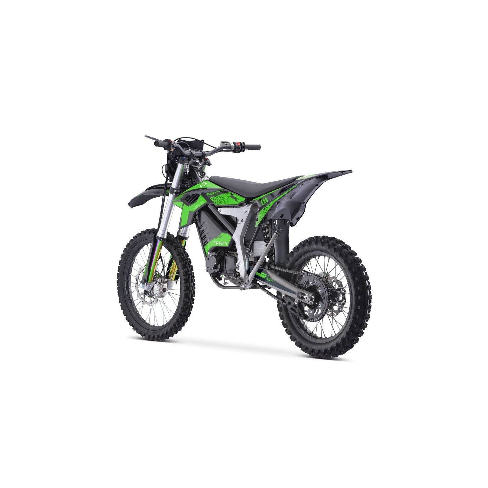 Das Trinity Panthera II Enduro Elektromotorrad von Trinity, abgebildet in Grün und Schwarz mit Stollenreifen, hohem Heckfender, Kupplung und robustem Minimal-Design, verfügt über 1143 Nm Drehmoment und ein Schaltgetriebe.