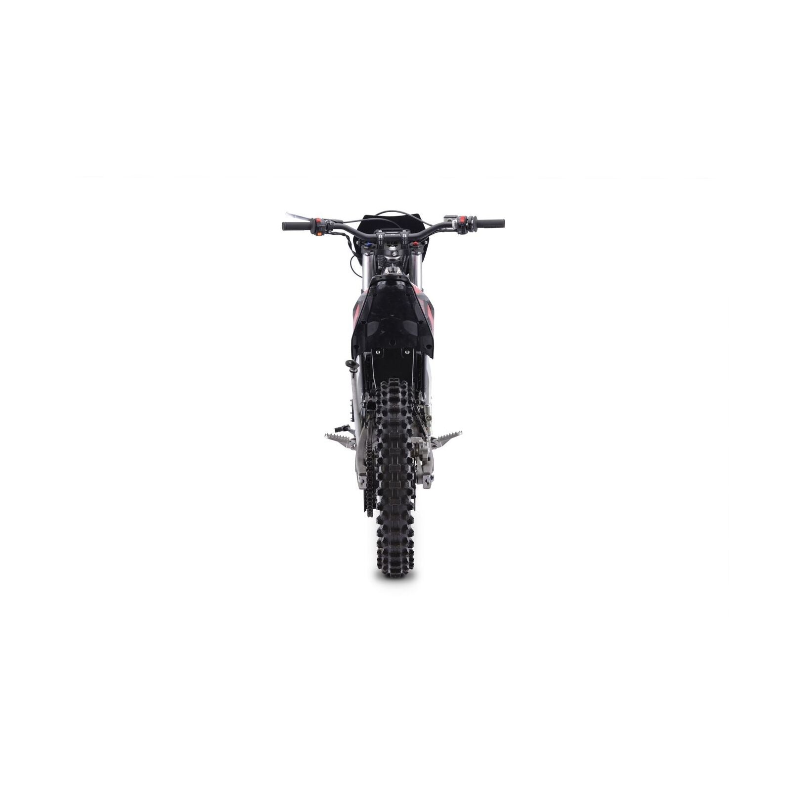 Ein schwarzes Trinity Panthera II Enduro Elektromotorrad wird frontal und zentriert vor einem weißen Hintergrund fotografiert, wobei der Lenker, das Vorderrad und die Reifenprofile hervorgehoben werden.