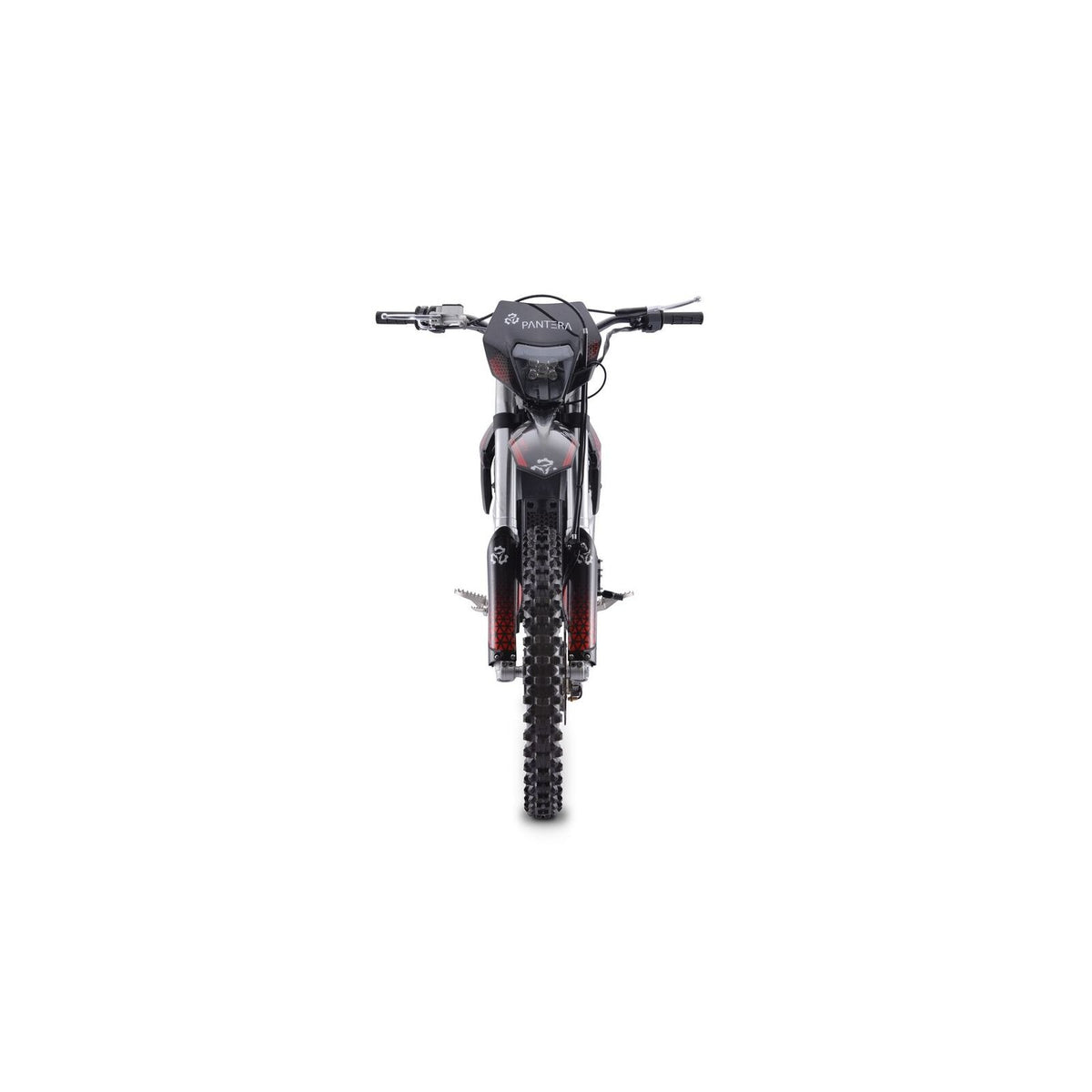 Vorderansicht eines TRINITY Panthera II: E-Enduro 125 km/h mit 4-Gang-Getriebe und schwarz-rotem Rahmen.