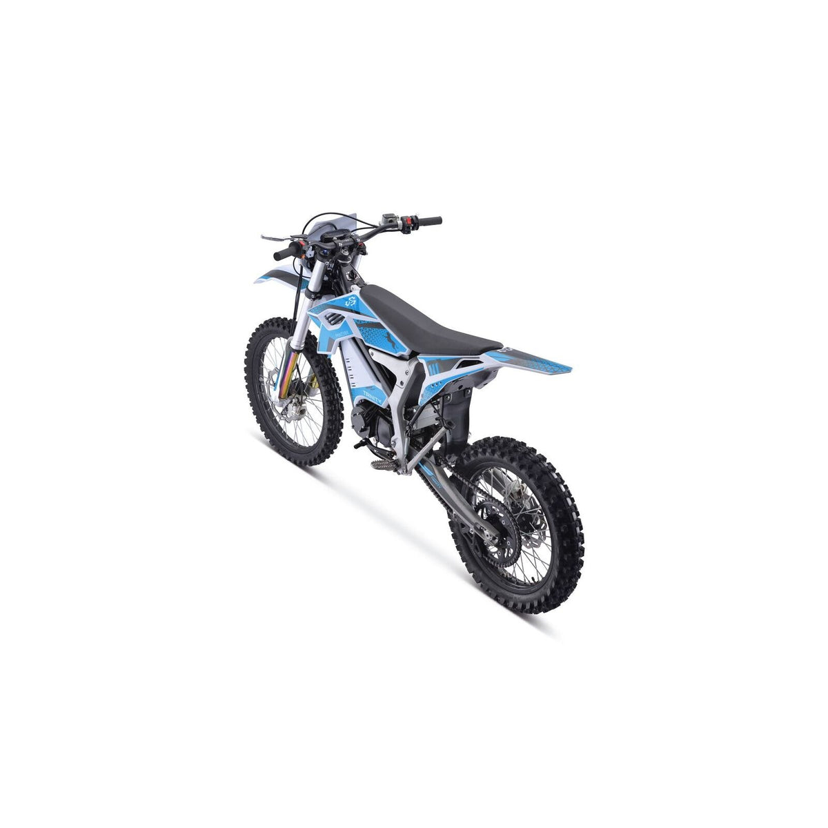TRINITY Panthera II: E-Enduro 125 km/h – elektrisches 4-Gang-Dirtbike mit blau-weißer Lackierung, Ansicht von hinten im Dreiviertelprofil.