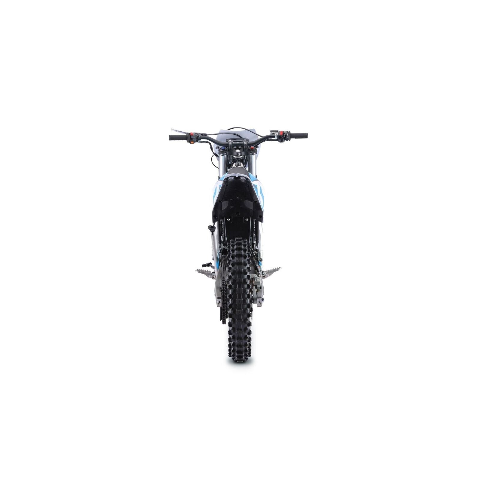 Frontansicht des Trinity Panthera II Enduro Elektromotorrads in schwarz, mit Stollenreifen, geradem Lenker und Vorderradfederung, isoliert auf weiß; "Das Biest" bietet 1143 Nm Drehmoment und Schaltgetriebe für 125er Klasse / A1 / B196.