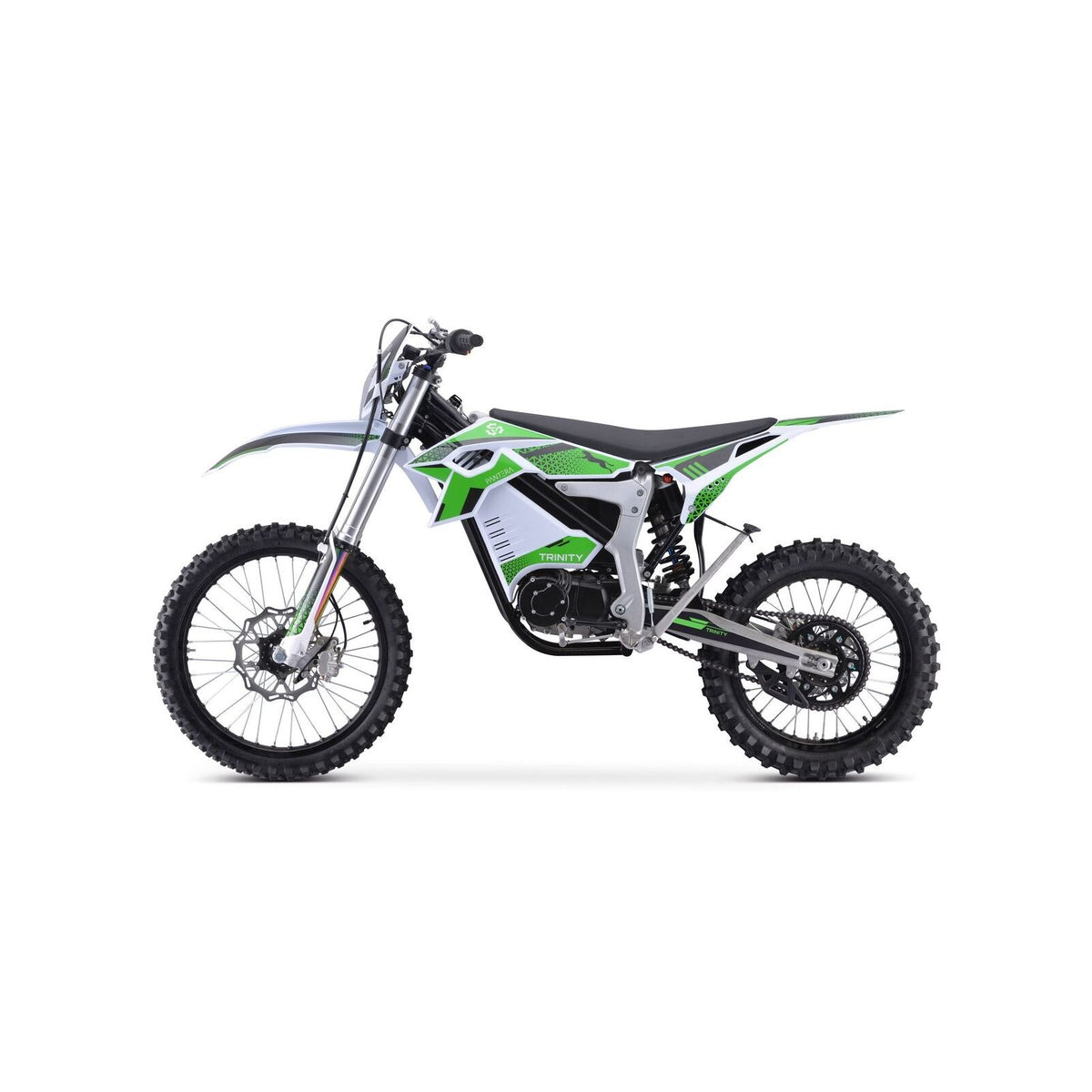 Weiß-grünes TRINITY Panthera II: E-Enduro 125 km/h – 4-Gang-Elektro-Enduro-Motorrad mit Stollenreifen.