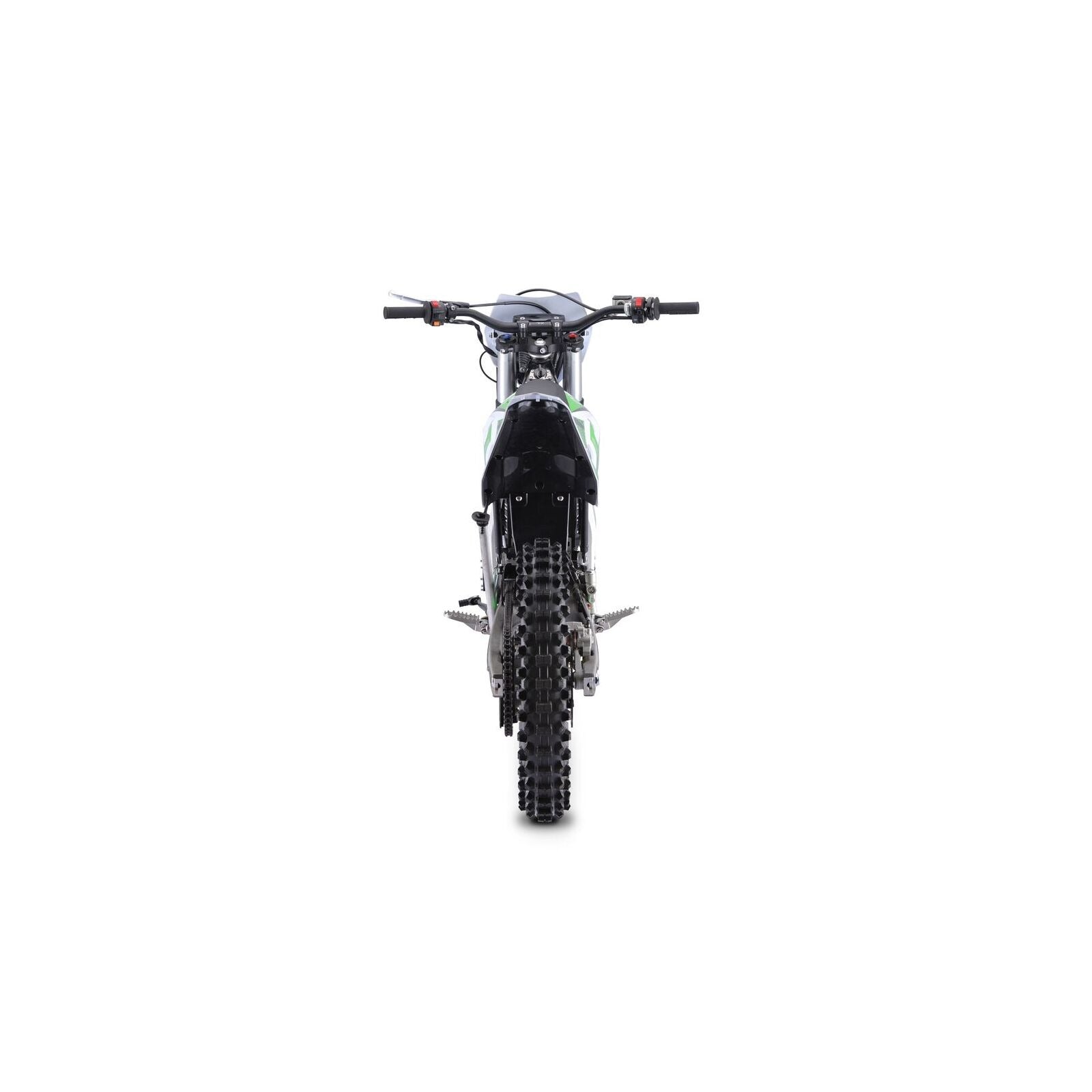 Frontansicht des Trinity Panthera II - Enduro Elektromotorrad in schwarz mit Stollenreifen, geradem Lenker, sichtbarer Federung und Schaltgetriebe (1143 Nm Drehmoment), isoliert auf weißem Hintergrund.