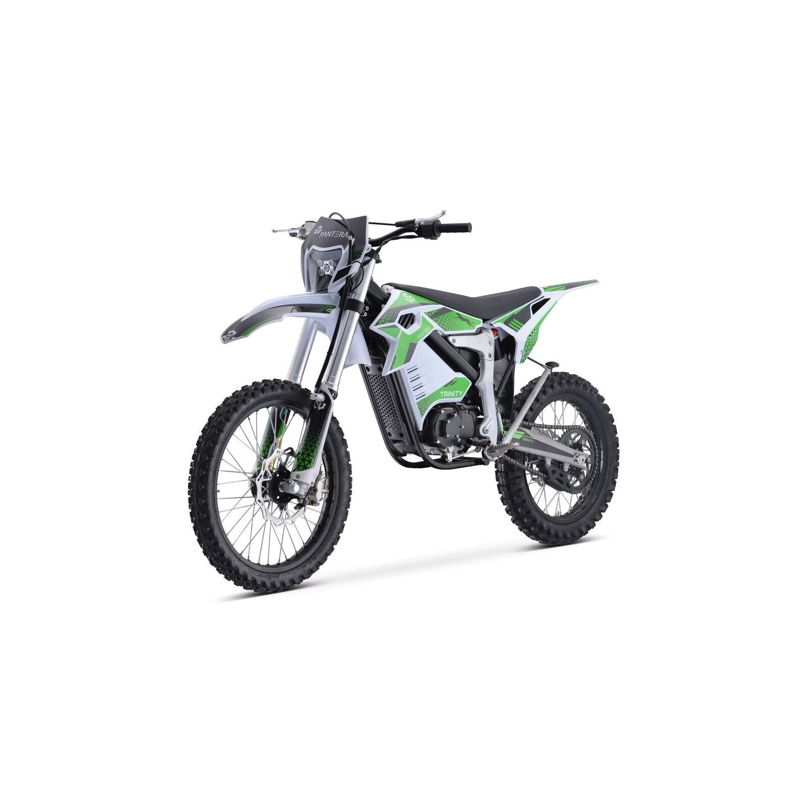 Das Trinity Panthera II - Enduro Elektro-Motorrad von Trinity ist von vorne auf weißem Hintergrund abgebildet und verfügt über Stollenreifen, einen hochgezogenen vorderen Kotflügel und einen schlanken Rahmen. Es bietet 1143 Nm Drehmoment und ein Schaltgetriebe in der 125er Klasse.