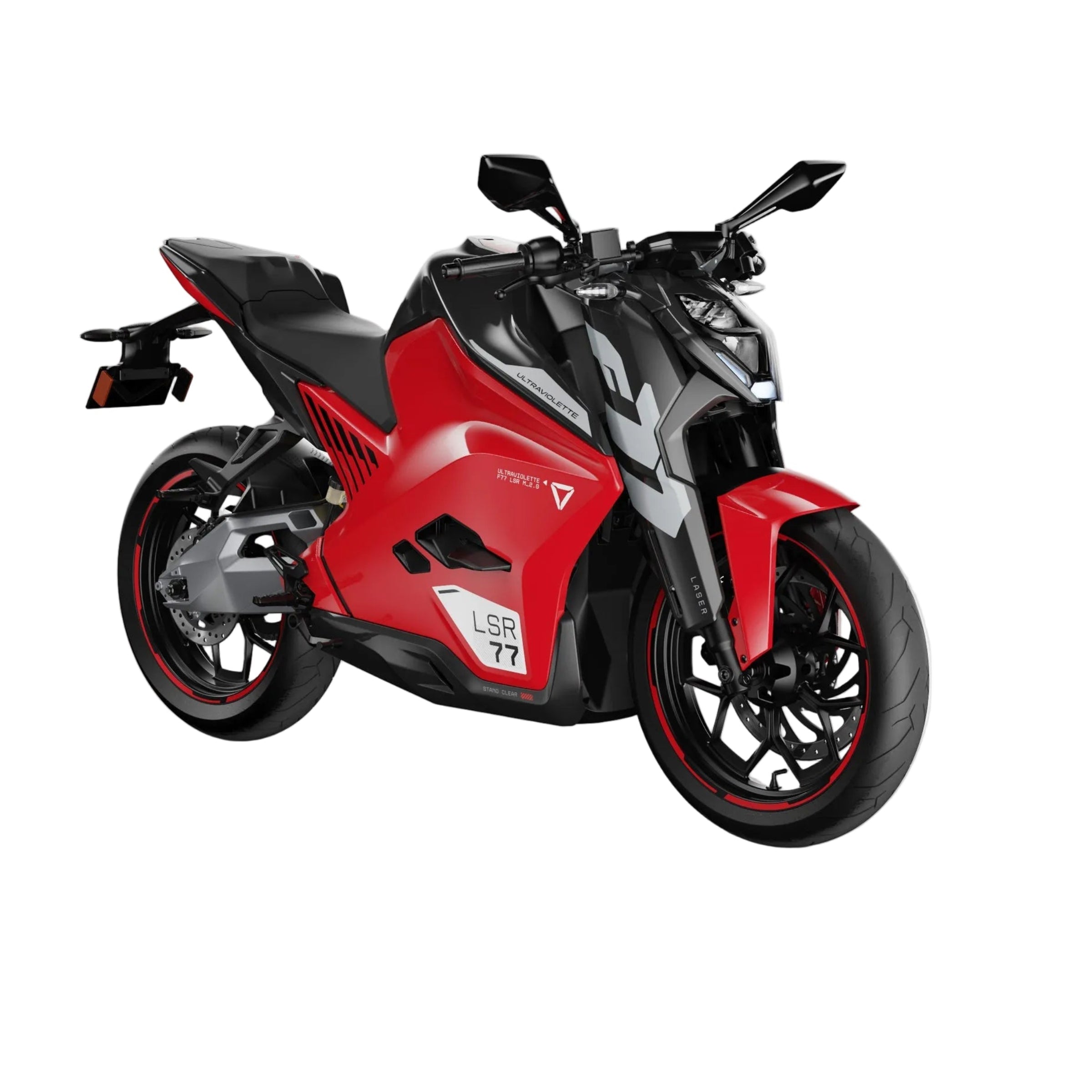 Ein stilvolles rot-schwarzes Ultraviolette F77 Mach 2 Recon - Performance Elektromotorrad mit kantigem Design, scharfen Scheinwerfern, aerodynamischen Linien und einem sichtbaren LSR 77 Nummernschild wird vor einem schlichten weißen Hintergrund präsentiert.