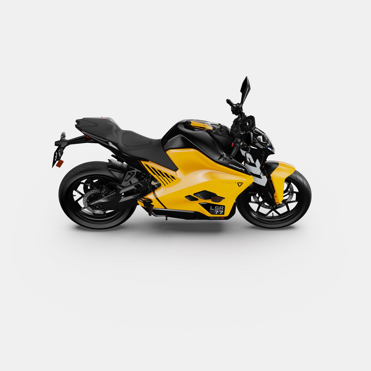 Das Ultraviolette F77 Mach 2 Recon - Performance Elektromotorrad von Ultraviolette ist in Gelb und Schwarz im Seitenprofil auf einem schlichten weißen Hintergrund abgebildet und hebt seinen kompakten Rahmen, sein modernes Styling und sein schlankes aerodynamisches Design hervor.