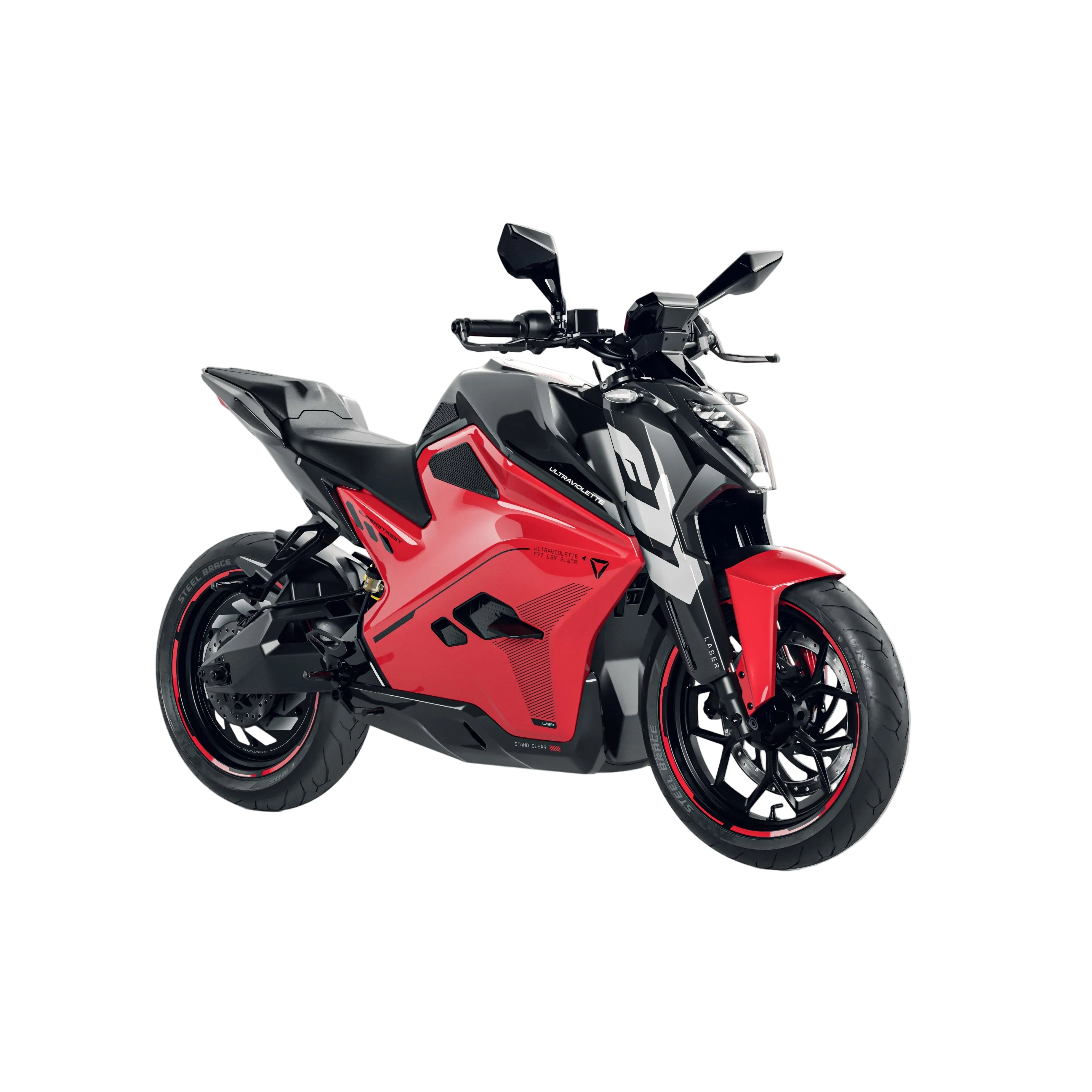 Ein schnittiges rot-schwarzes Ultraviolette F77 Superstreet Recon Elektro-Sportmotorrad von Ultraviolette mit scharfem, kantigem Design, großen Reifen und Seitenspiegeln wird vor einem schlichten hellen Hintergrund präsentiert.