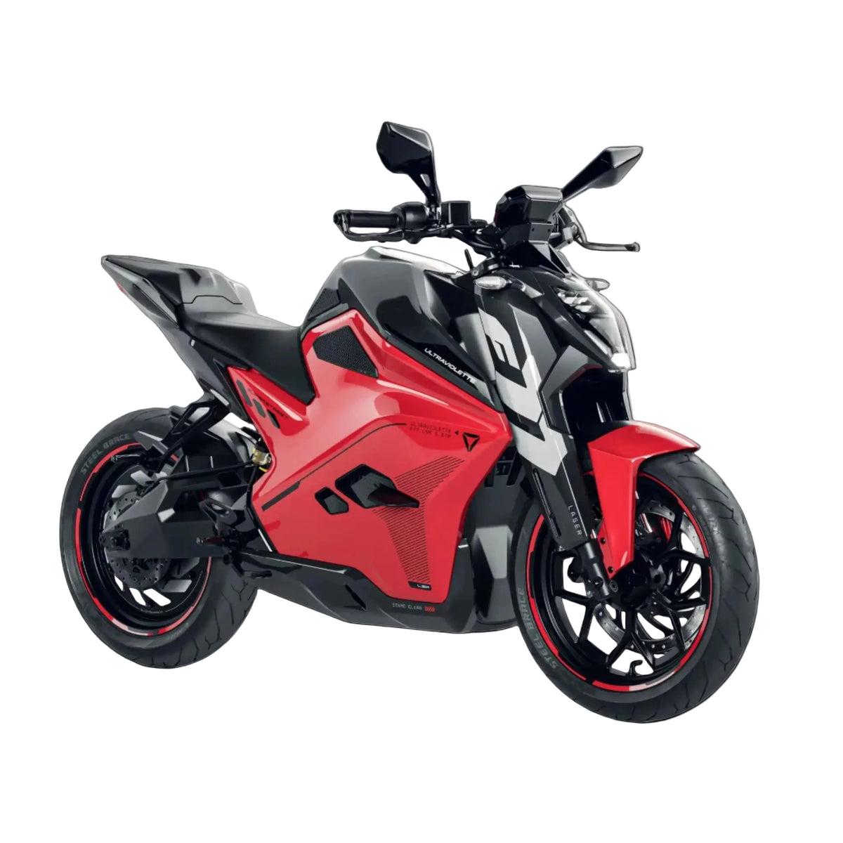 Ein schnittiges rot-schwarzes Ultraviolette F77 Superstreet Recon Elektro-Sportmotorrad von Ultraviolette mit scharfem, kantigem Design, großen Reifen und Seitenspiegeln wird vor einem schlichten hellen Hintergrund präsentiert.