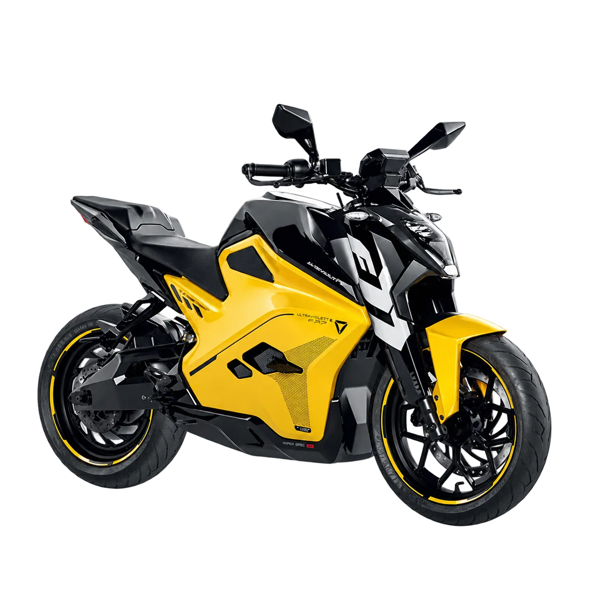 Sportliches, kantiges, schwarz-gelbes Elektromotorrad Ultraviolette F77 Superstreet Recon.