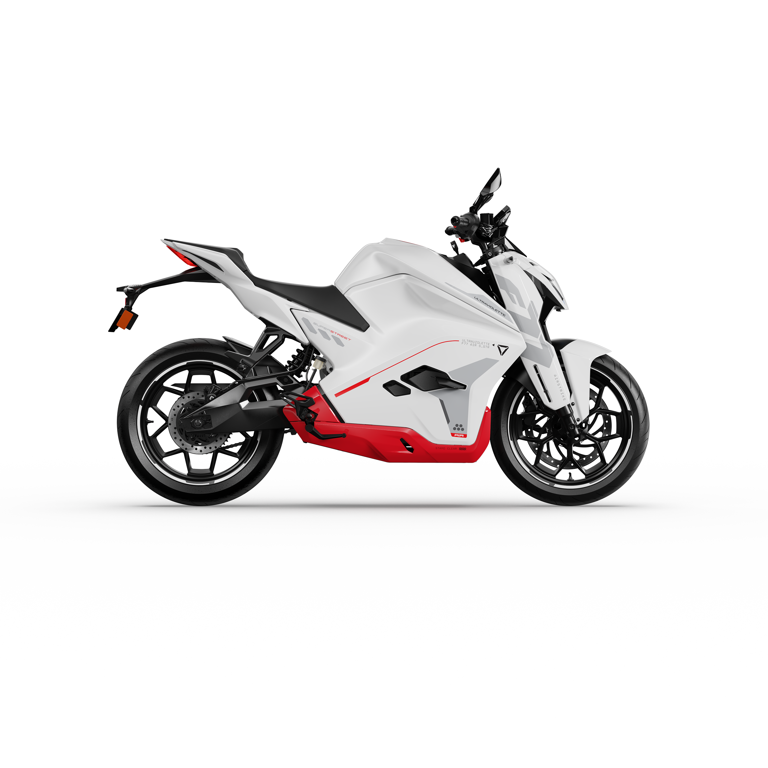 Das Ultraviolette F77 Superstreet Recon - Sportliches Elektromotorrad von Ultraviolette ist im Profil zu sehen, mit einer schnittigen weißen Karosserie mit roten Akzenten und schwarzen Rädern vor einem schlichten weißen Hintergrund.