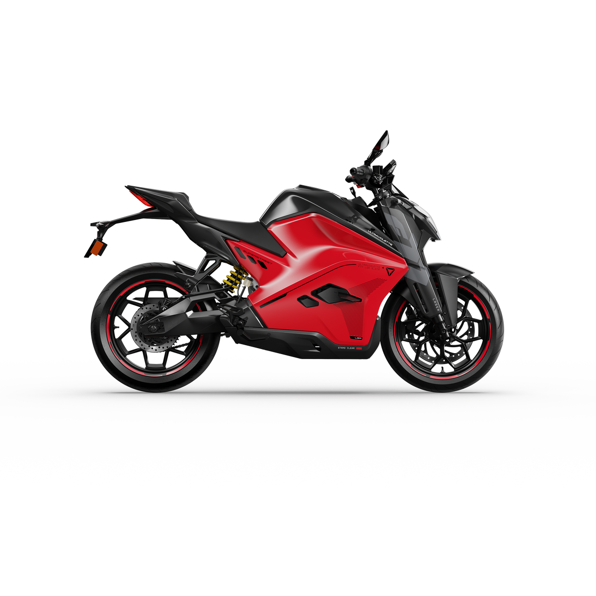 Das Ultraviolette F77 Superstreet Recon - Sportliches Elektromotorrad von Ultraviolette zeigt sich von der Seite in Rot und Schwarz vor weißem Hintergrund und besticht durch scharfe Kanten, sportliche Details und eine Einzelradaufhängung hinten.