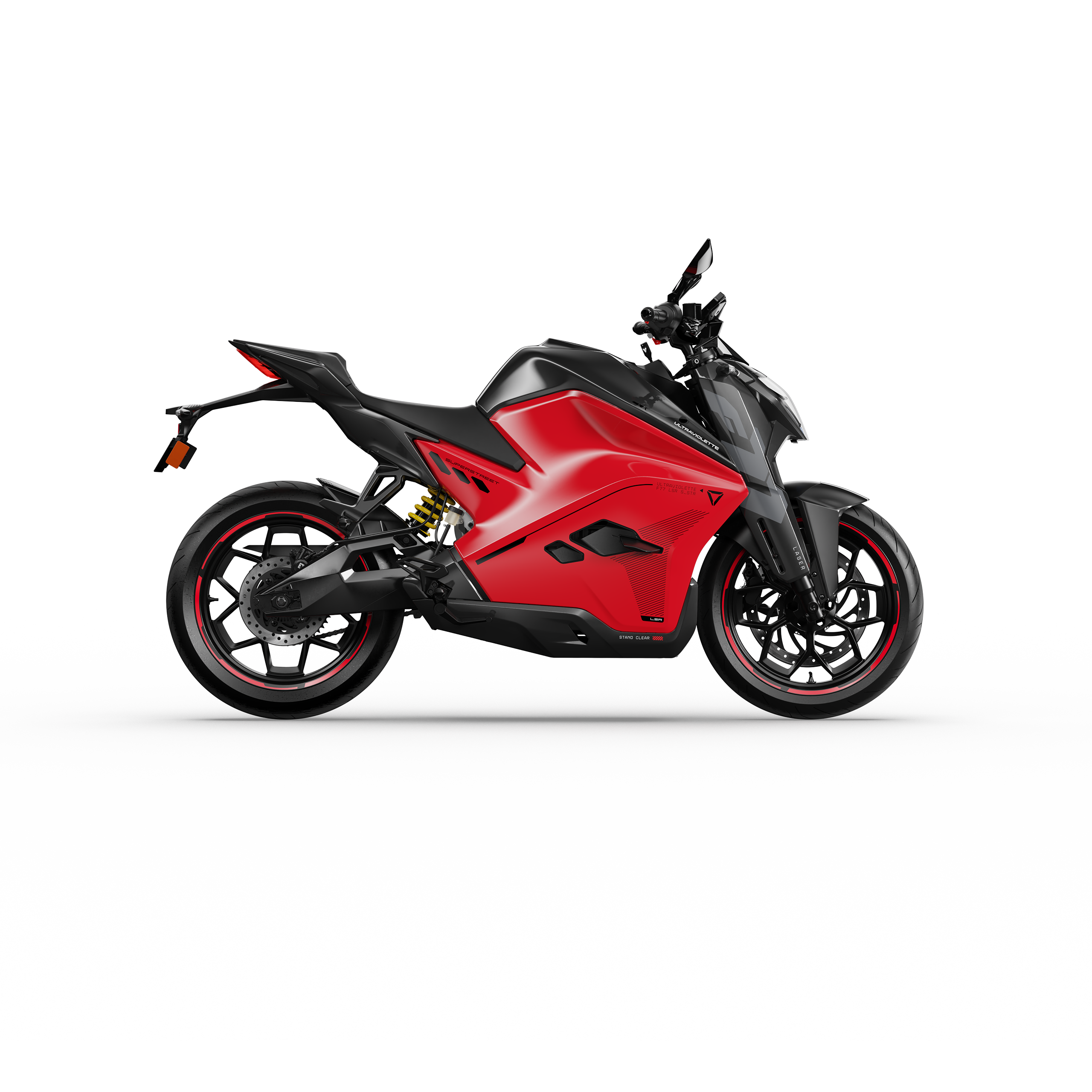 Das Ultraviolette F77 Superstreet Recon - Sportliches Elektromotorrad von Ultraviolette zeigt sich von der Seite in Rot und Schwarz vor weißem Hintergrund und besticht durch scharfe Kanten, sportliche Details und eine Einzelradaufhängung hinten.