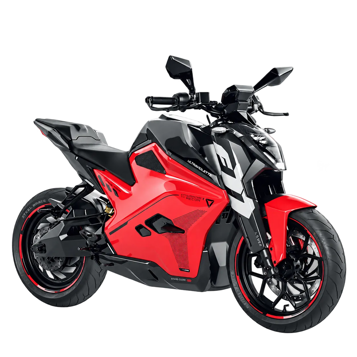 Ein rot-schwarzes elektrisches Sportmotorrad vom Typ Ultraviolette F77 Superstreet Recon, aus einer Dreiviertelperspektive betrachtet.