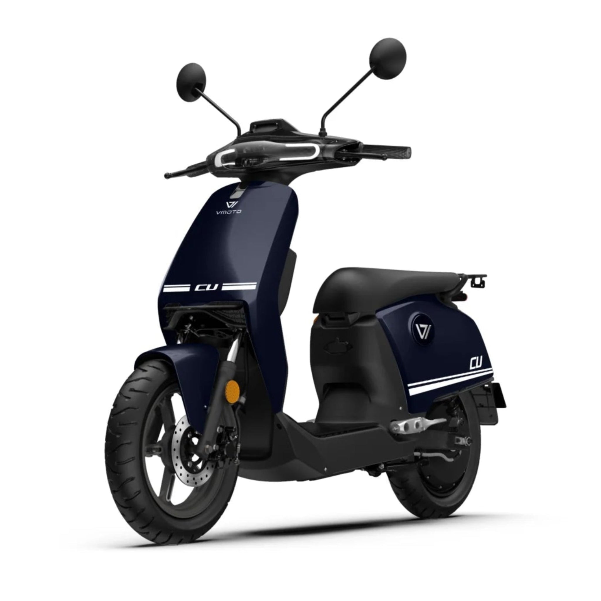 Der VMOTO CU 72V E-Roller (45 km/h) von VMOTO zeichnet sich durch ein minimalistisches dunkelblaues Design mit schwarzen Akzenten, zwei Spiegeln und einer herausnehmbaren Batterie aus - ideal für den effizienten Stadtverkehr. Abgebildet schräg links auf weißem Hintergrund.