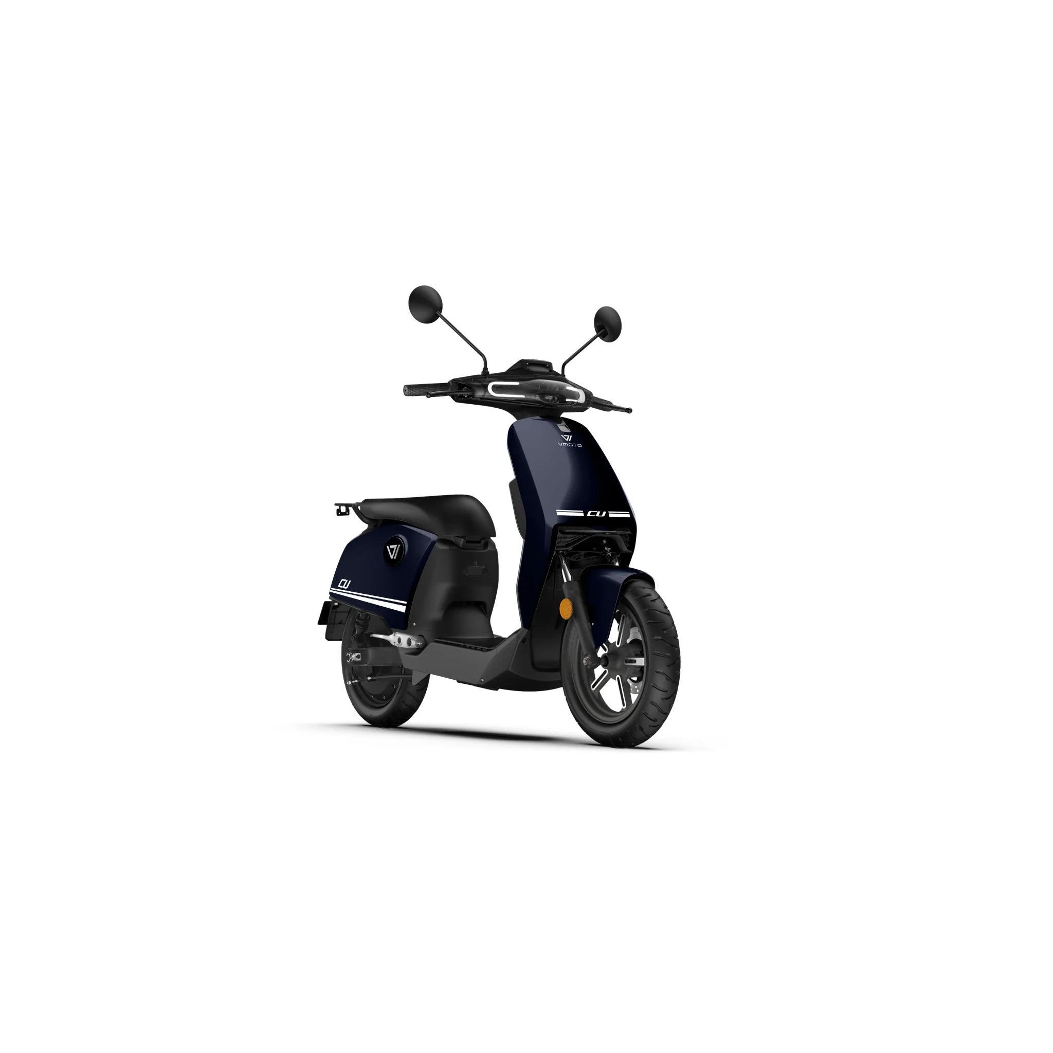 Der VMOTO CU 72V E-Roller (45 km/h) in modernem Dunkelblau mit schwarzen Akzenten ist schräg rechts auf weißem Hintergrund abgebildet. Ideal für den Stadtverkehr, verfügt er über einen Scheinwerfer, Spiegel, schlankes Design und einen herausnehmbaren Akku.