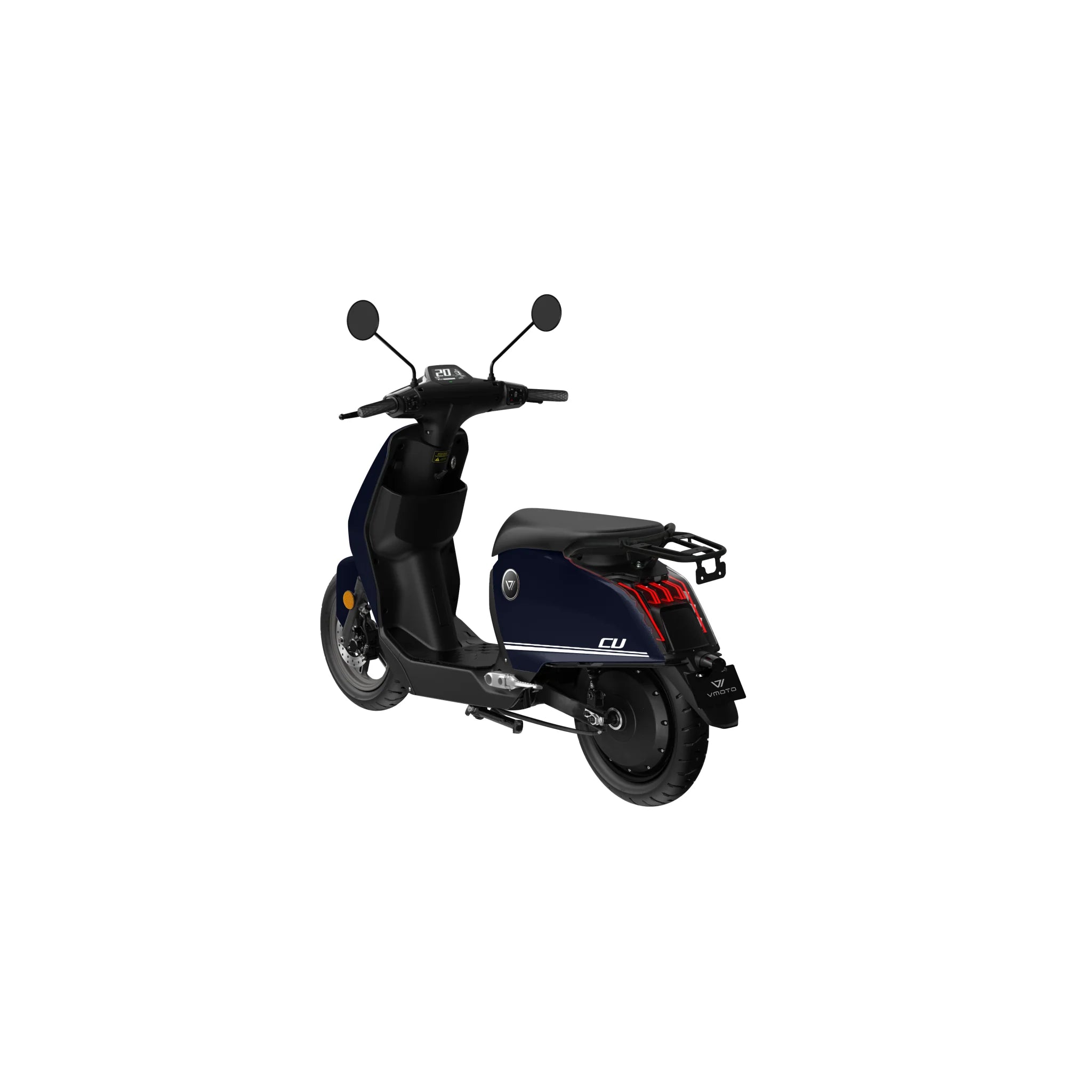 Ein VMOTO CU 72V E-Roller (45 km/h) in Dunkelblau mit schwarzen Akzenten, Heckgepäckträger, Seitenspiegeln und Digitalanzeige wird aus einer Dreiviertel-Heckansicht gezeigt - ideal für die Stadt dank herausnehmbarem Akku.