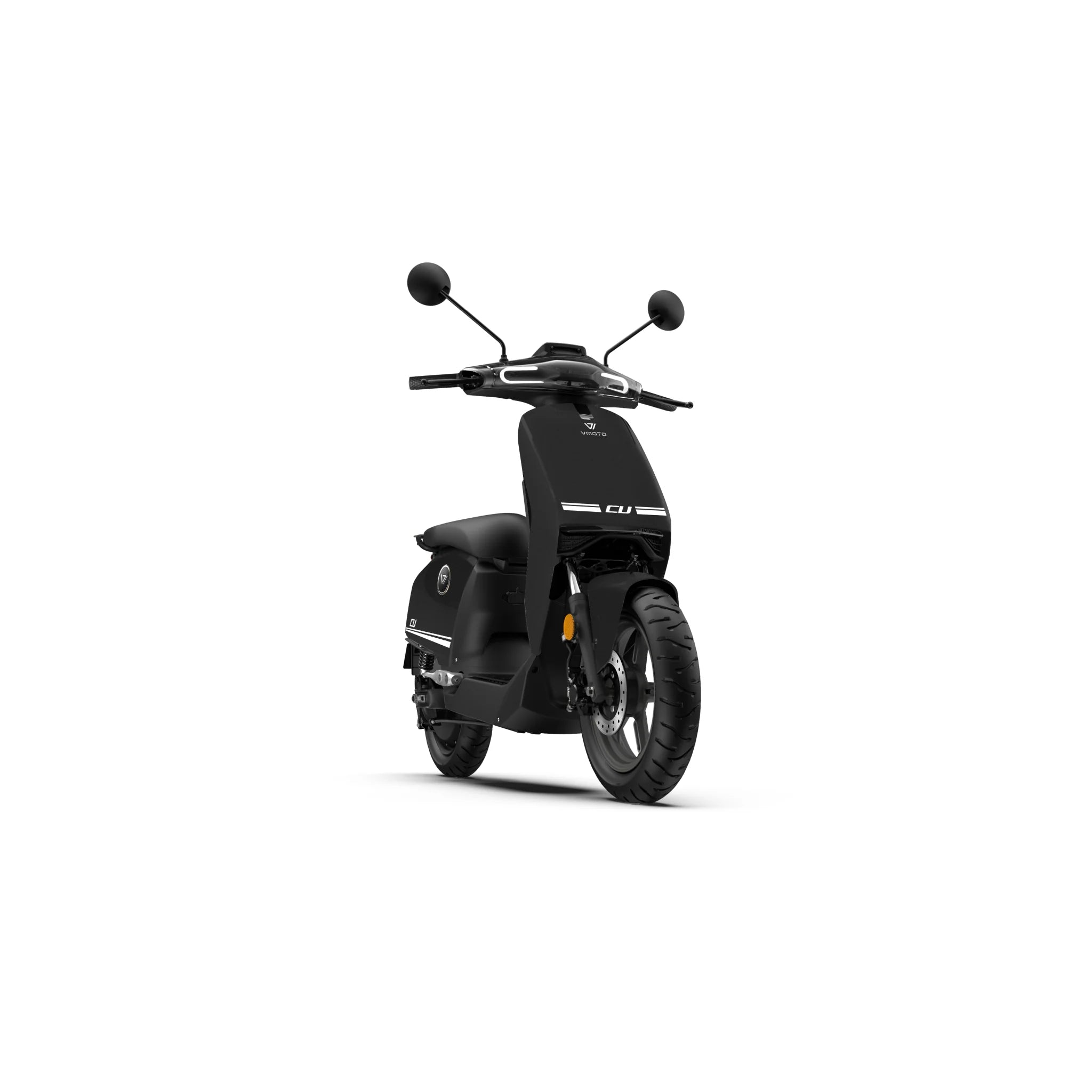 Der schwarze VMOTO CU 72V E-Roller (45 km/h) für den Stadtverkehr ist schräg auf weißem Hintergrund abgebildet und verfügt über runde Spiegel, Front- und Heckleuchten, eine herausnehmbare Lithium-Batterie und ein modernes, minimalistisches Design.