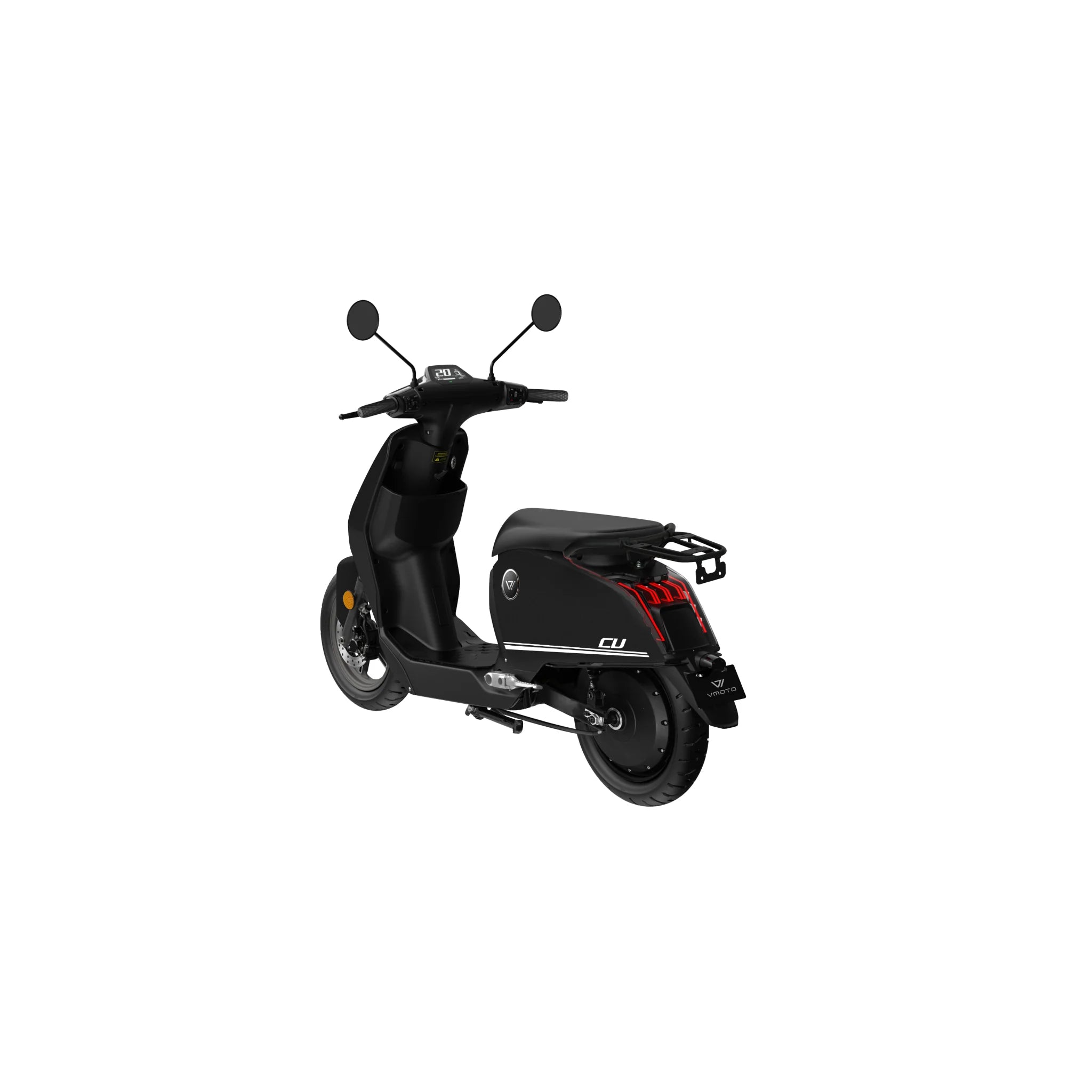 Der VMOTO CU 72V E-Roller in Schwarz verfügt über einen herausnehmbaren Akku, Gepäckträger, Seitenspiegel und Rückleuchten; er wird schräg von hinten auf einem weißen Hintergrund gezeigt - ideal für den Stadtverkehr.