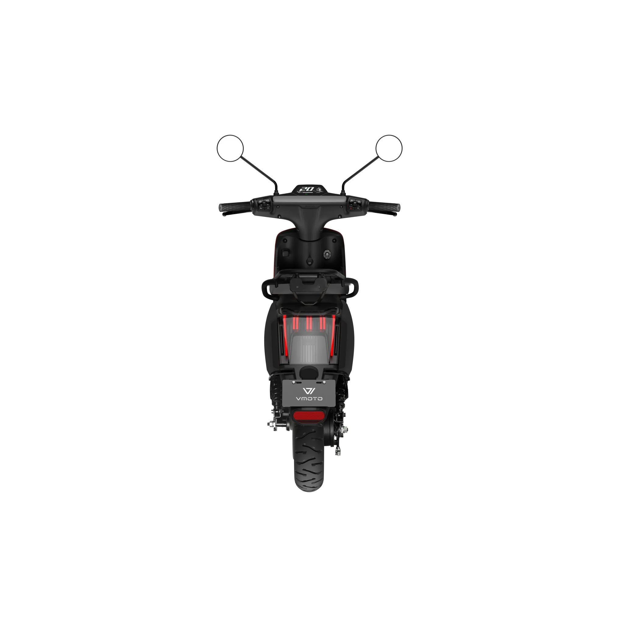 Rückansicht des schwarzen VMOTO CU 72V E-Rollers (45 km/h) mit zwei Seitenspiegeln, breitem Lenker, rotem Rücklicht, und herausnehmbarem Akku-ideal für den Stadtverkehr; Markenname VMOTO über dem Hinterrad, isoliert auf weißem Hintergrund.